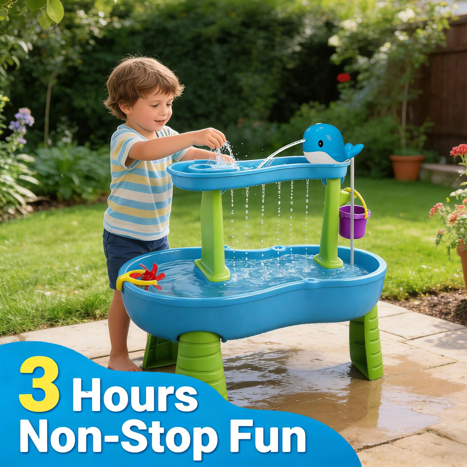 Junyobee Water Table Pump - Whale Rechargeable Water Pump for Water Table Accessories - Battery Powered Water Pump Continuous Flow 3 Hours Non-Stop Fun - Summer Outdoor Water Toys (Blue) - 4