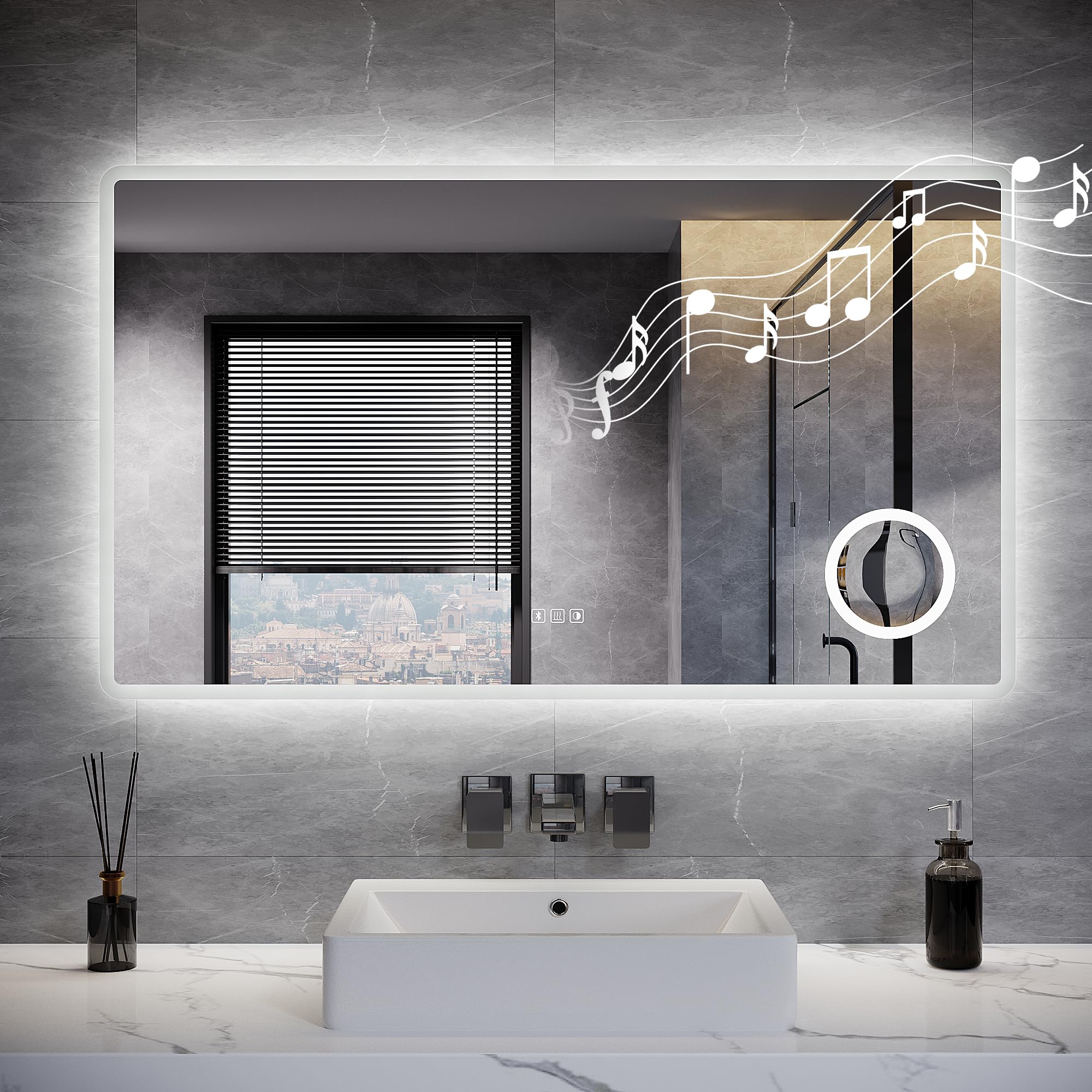 ELEGANT 120 x 70 cm Bathroom Mirror with LED Lights and Bluetooth, Dimmable 3 Colors LED Bathroom Mirror with Shaver Socket, 3x Magnifier, Demister Pad, Touch Control & Memory Function, IP44
