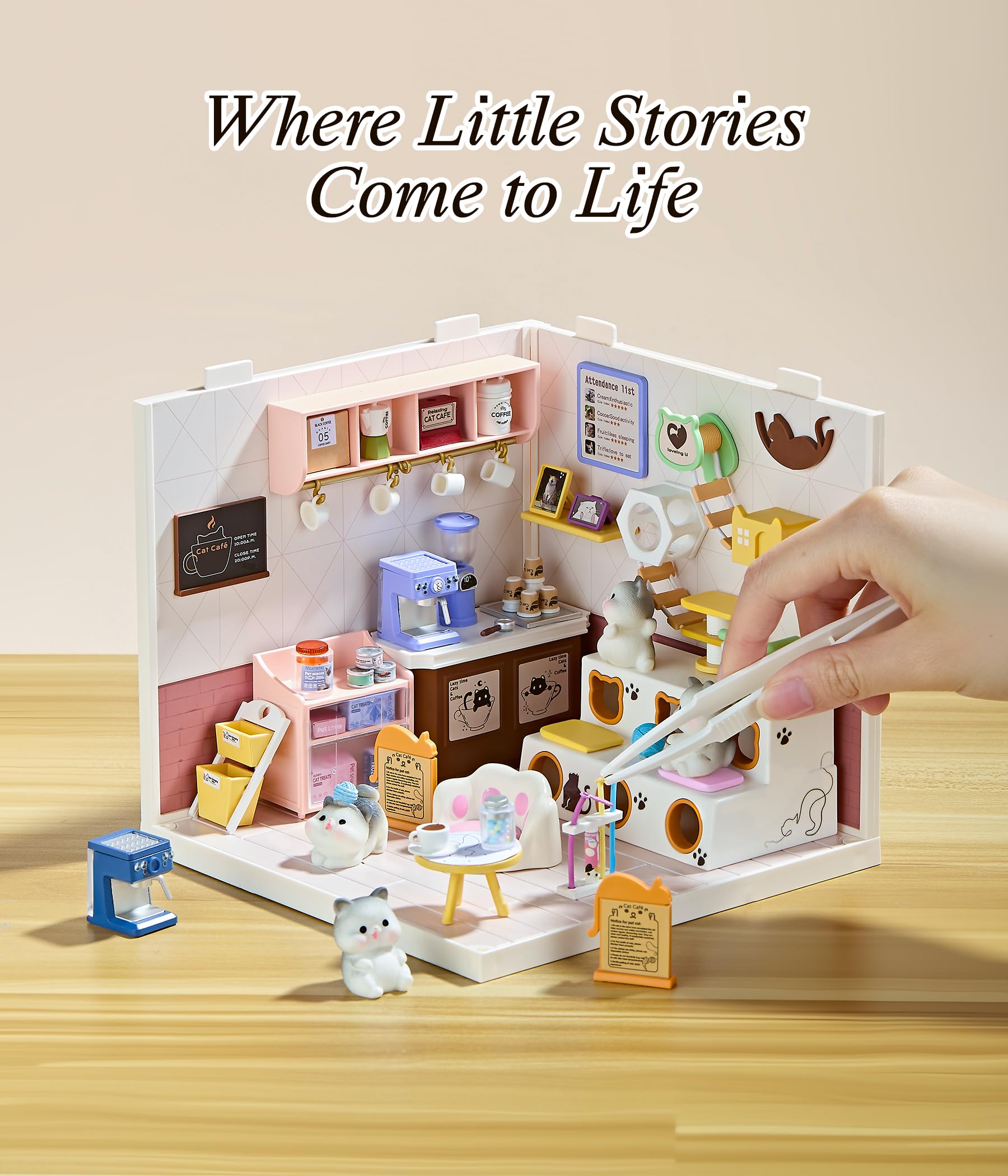 Lindo kit de casa en miniatura para gatos con techo y luz LED, kit de casa de muñecas apilable y conectable con puerta a prueba de polvo, regalo creativo para adultos y adolescentes