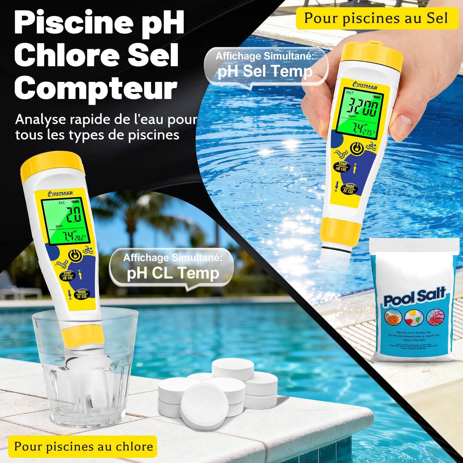 UIUZMAR Testeur de Chlore et de pH pour Piscine, pH Mètre et Salimètre pour Eau Salée Affichage Simultané du pH,Sel Temp Appareil de Mesure 7 en 1 pour Hydroponique, Eau, Aquarium