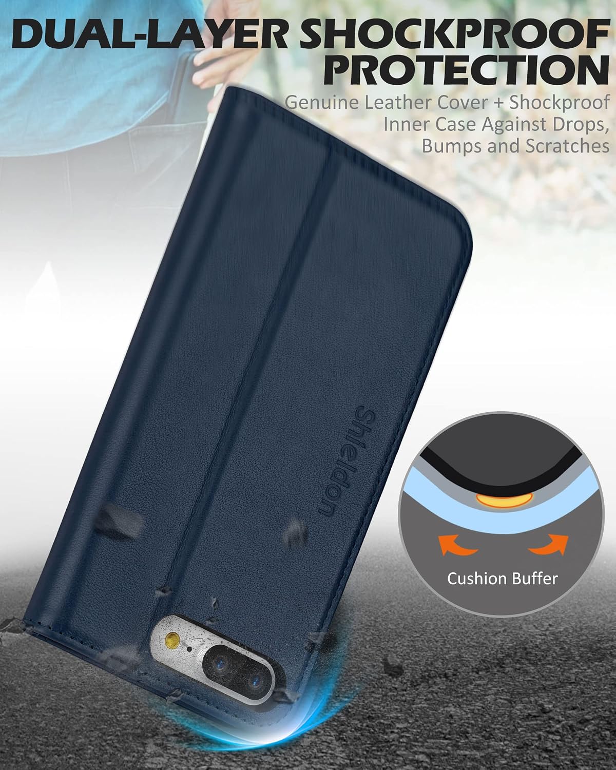 SHIELDON iPhone 8 Plus Case, iPhone 8 Plus Wallet Case, Genuine Leather iPhone 7 Plus Flip Magnetic Cover Card Slots Holder Kickstand Shockproof Case Compatible with iPhone 8 Plus - Navy Blue