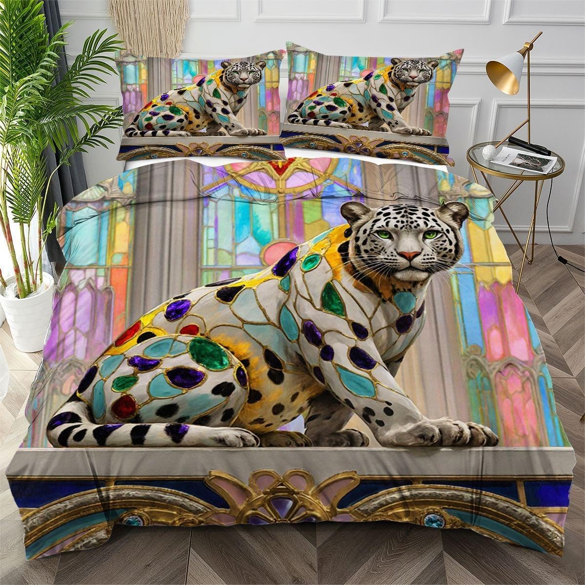 Parure de lit léopard 160x200 cm avec housse de couette en microfibre et taies