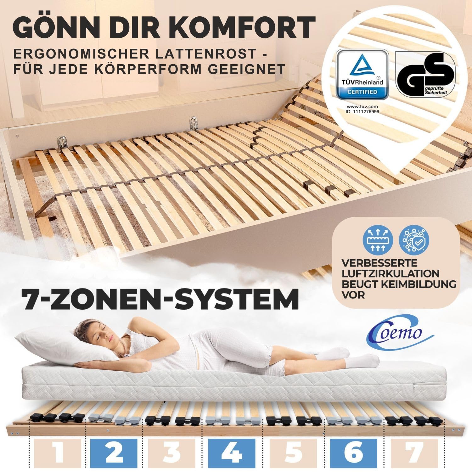 Coemo Sommier à lattes avec tête réglable - 140 x 190 cm - Sommier avec 26 lattes - 7 zones - Dureté réglable - Pour tous les types de matelas - Pour tous les types de sommeil