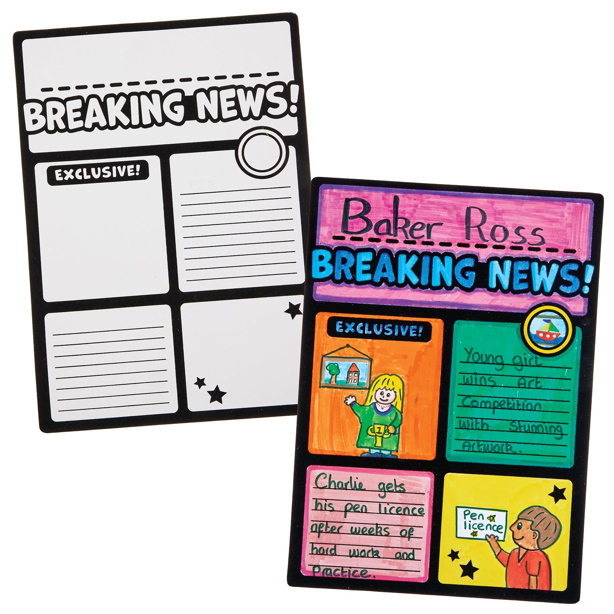 Baker Ross FN439 Write Your Own Fuzzy Art Newspaper Articles - Pack of 6, Reading and Writing Learning Aids for Kids and Schools