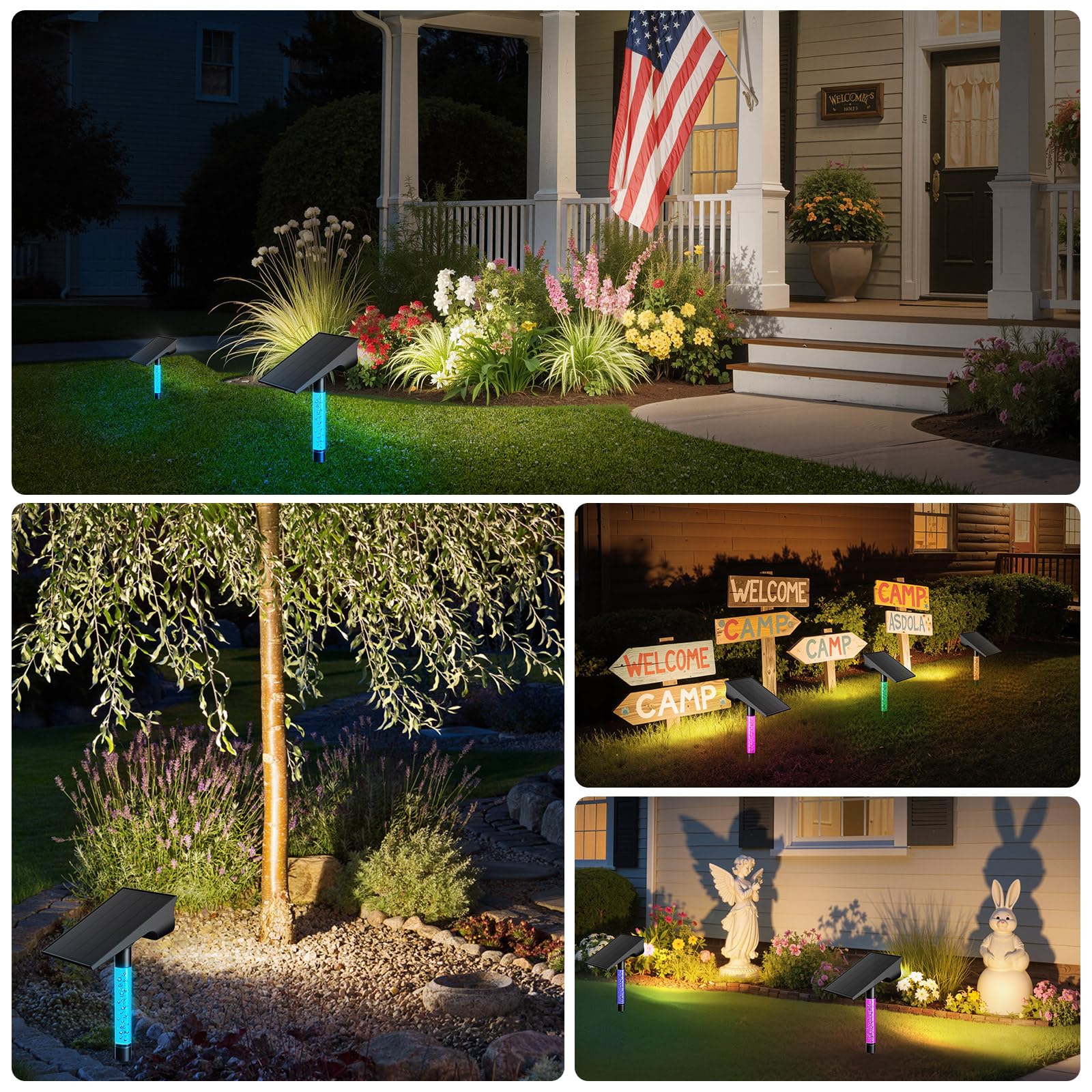 INTELAMP Faretti Energia Solare da Esterno 2 Pezzi, IP65 Impermeabile Lampioncini Solari da Giardino per Cortile, Vialetto, Alberi (Palo rgb)