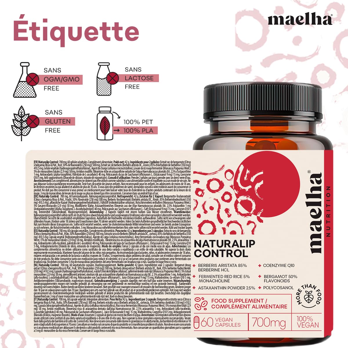 Naturalip Control | Supplément à base de riz rouge fermenté | Aide à maintenir des taux normaux de cholestérol et de triglycérides | Concentration élevée | 60 gélules | 100% végétalien