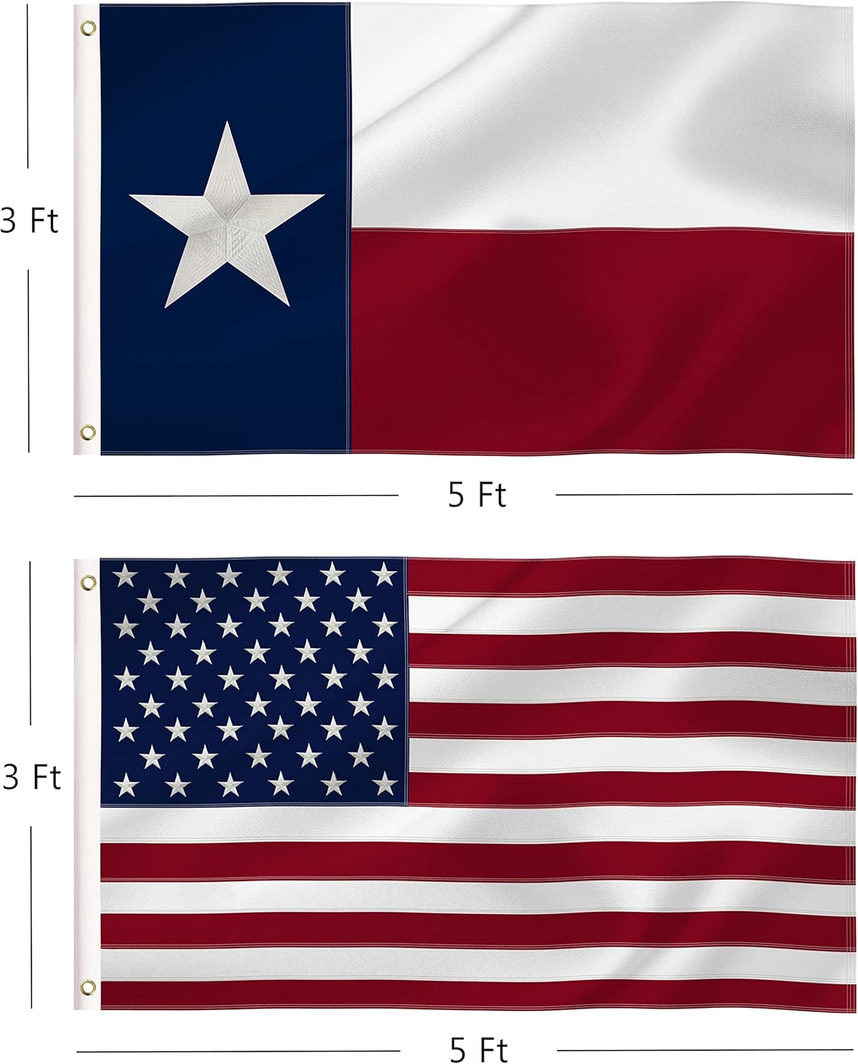 Texas and American 3x5 Feet Flags, Embroidered 210D Nylon USA and TX Flag, Brass Grommets, Sewn Stripes, Embroidered Stars