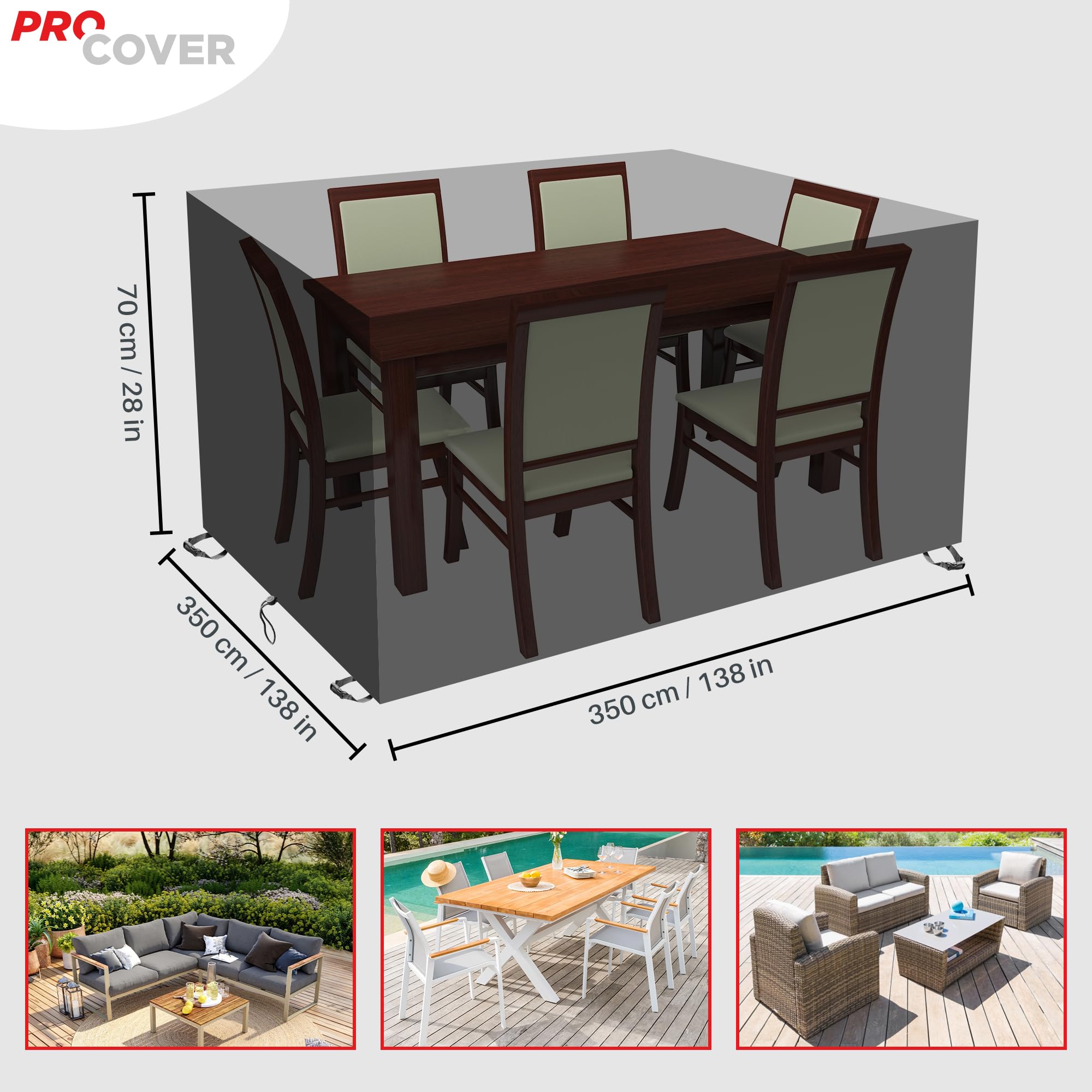 Premium Gartenmöbel Abdeckung: Wasserdichtes 600D Oxford-Gewebe mit PVC-Beschichtung. Dick, widerstandsfähig, ideal für Gartentisch, Outdoor-Möbel, Terrasse. Abdeckplane. 350x350x70cm