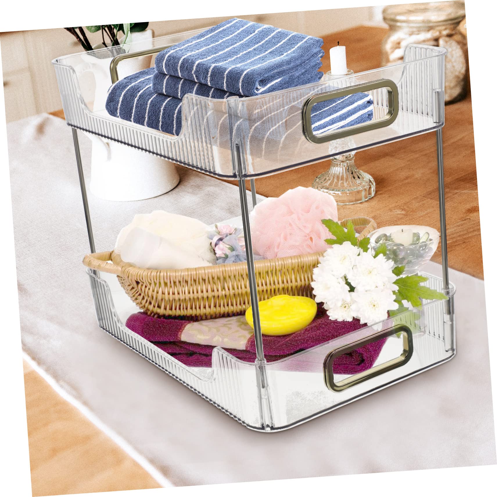 Organizer Cosmetici da Bagno 2 Livelli Doppio Ripiano in PET e Acciaio Inossidabile per Piano Lavabo Bagno e Comodino