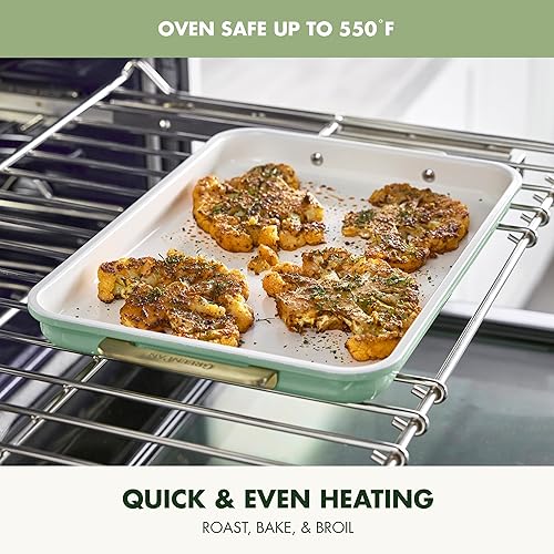 Miniatura 6 de GreenPan Bakeware - Bandeja cuarto de hoja de 13" x 9" pulgadas, bandeja antiadherente de cerámica para hornear, libre de PFAS y BPA, asas doradas,