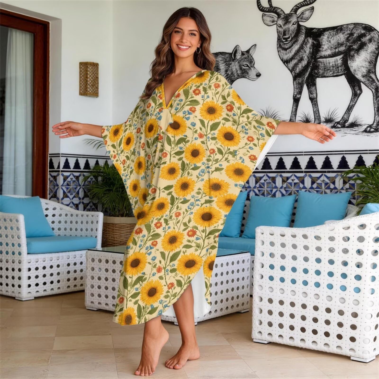 Xoenoiee Damskie sukienki kaftanowe kaftan plus size rękaw nietoperz strój kąpielowy okrycie dekolt w serek letnia sukienka plażowa