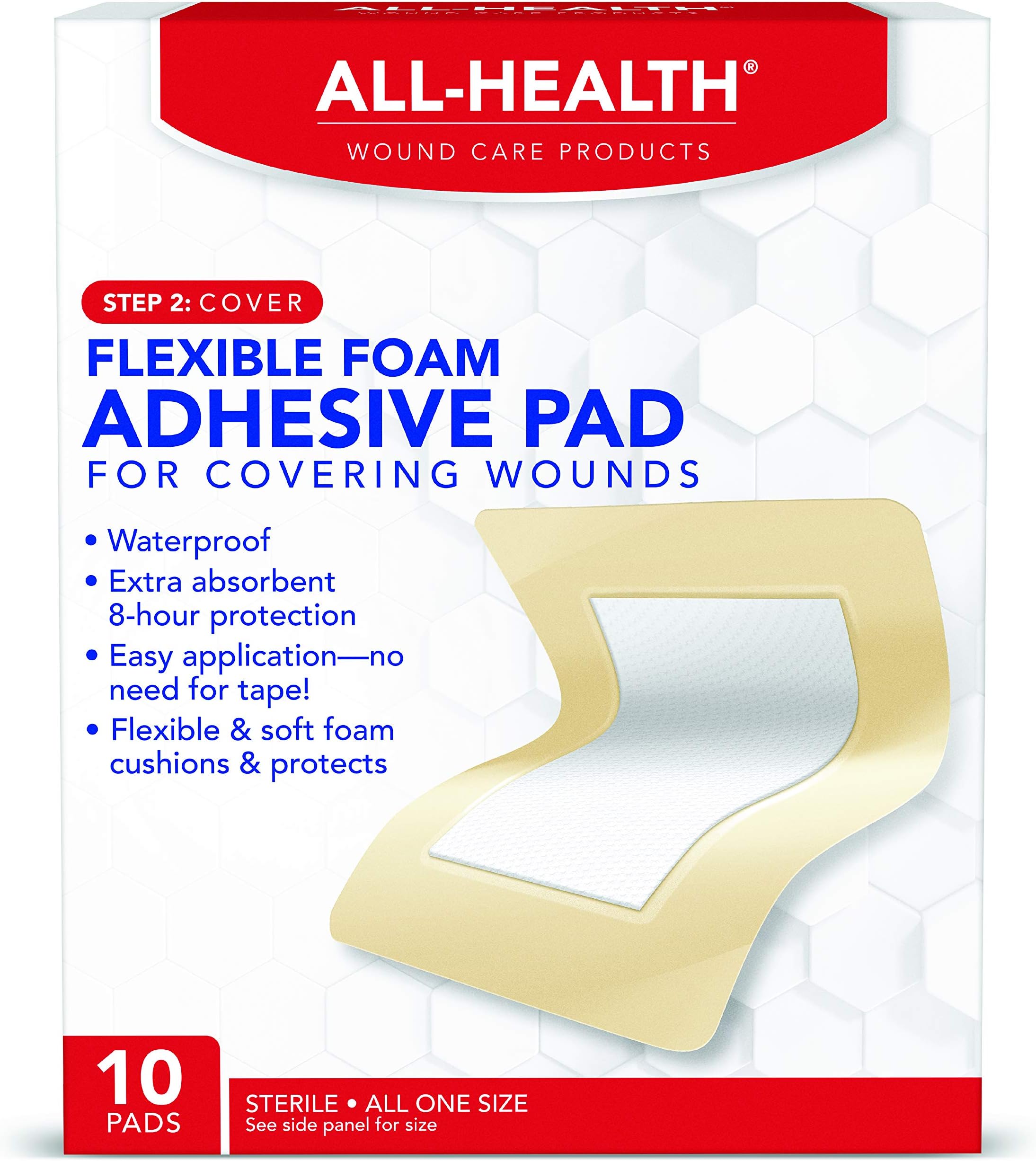 All Health Flexible Foam Adhesive Pad, 10 Pads, 3.5 in x 4.5 in, 8 Hour Protection | Waterproof Bandage for Covering Wounds