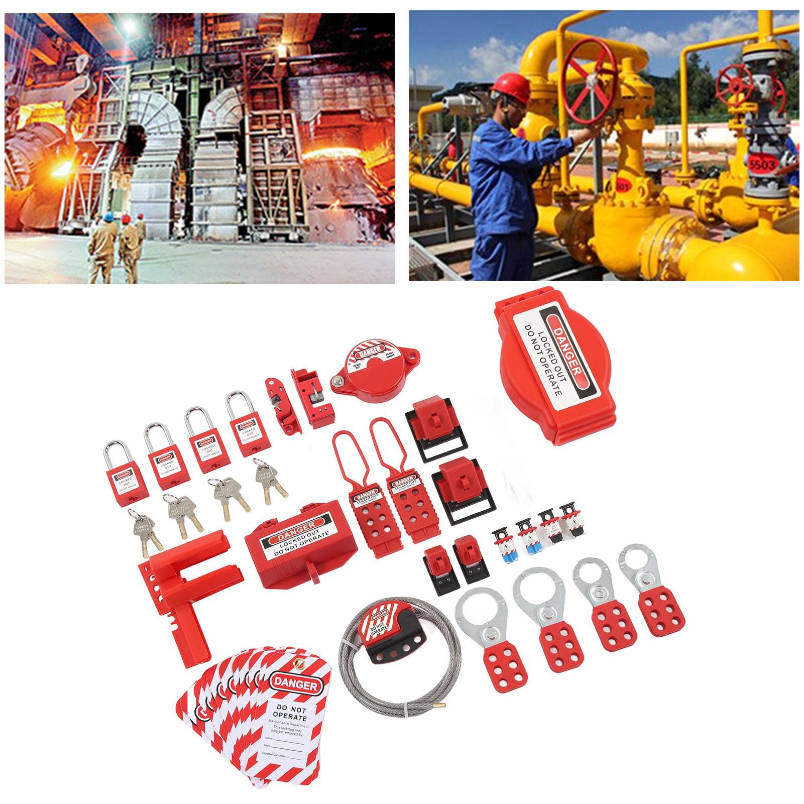 Aramox Kit de Bloqueo y Etiquetado Kit de Bloqueo Eléctrico de 47 Piezas con Dispositivos ABS y Candados de Acero Inoxidable Incluye Etiquetas de Cable de Válvula para Equipos de Mantenimiento