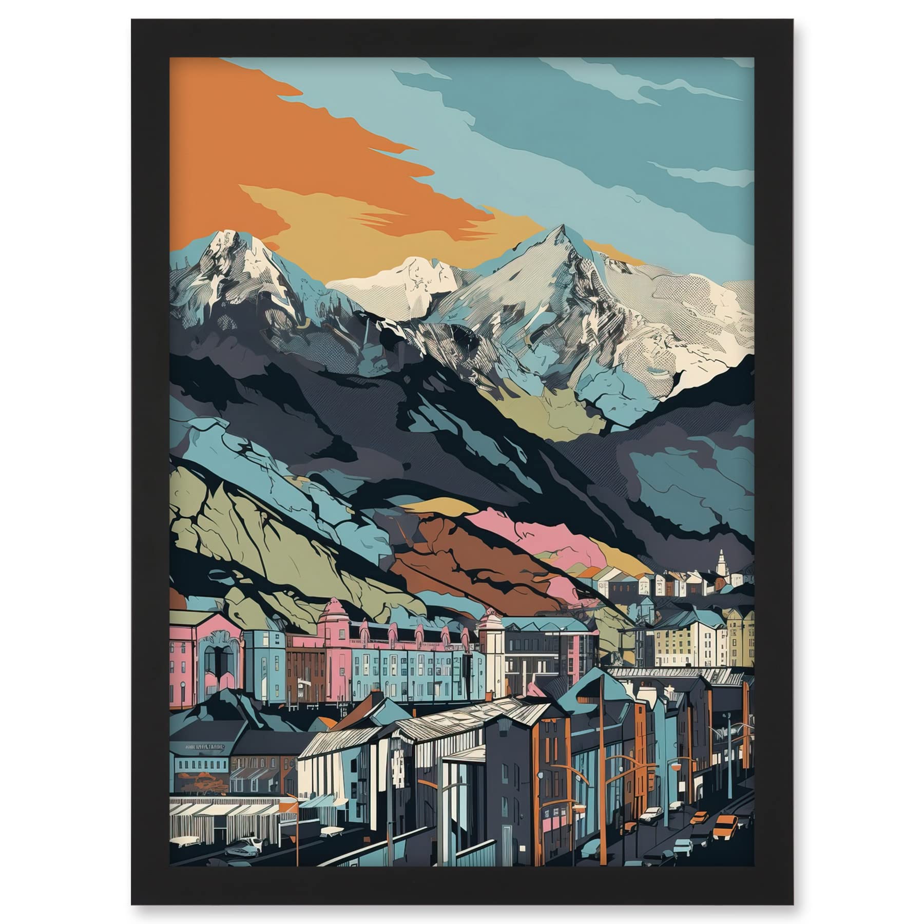 Artery8 Cityscape Under Rocky Mountain Range Modern Artwork Framed A3 Wall Art Print