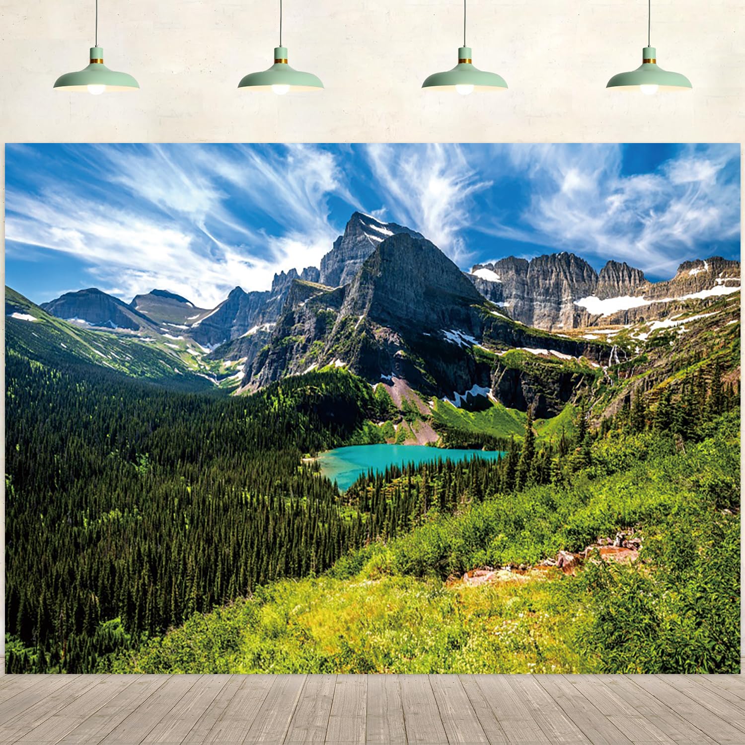 8x6ft Mountain Backdrop Nature Scenery Pine Trees Forest Blue Lake Sky Photography Background Camping Picnic Themed Party Decorations Kids Adults