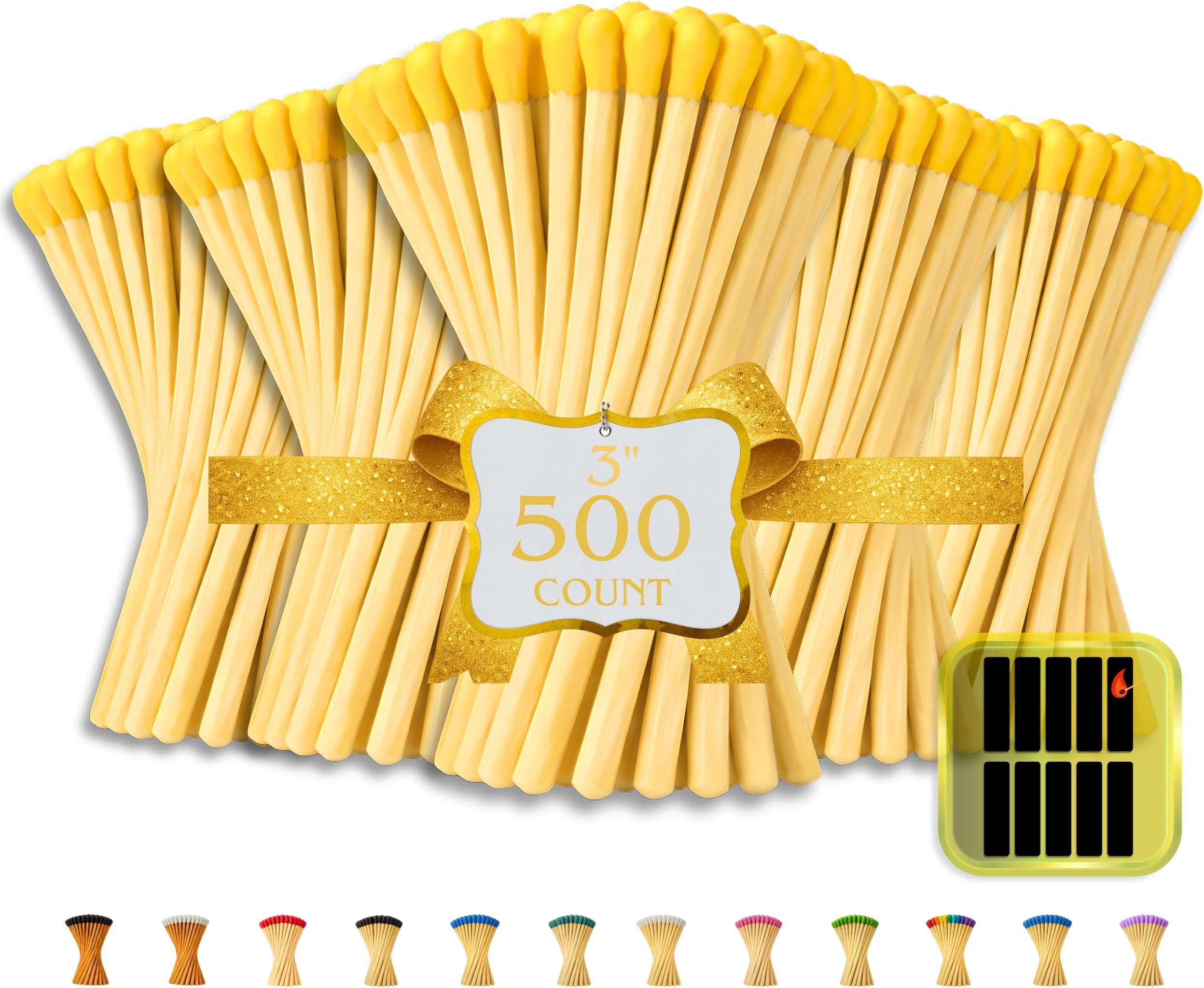 500 Count - 3" Long Yellow Color Matches | Three Inch Coloful Loose Wooden Safety Match Sticks for Candle Display | Refill Decorative Jar Holder Bottle | Striker Included