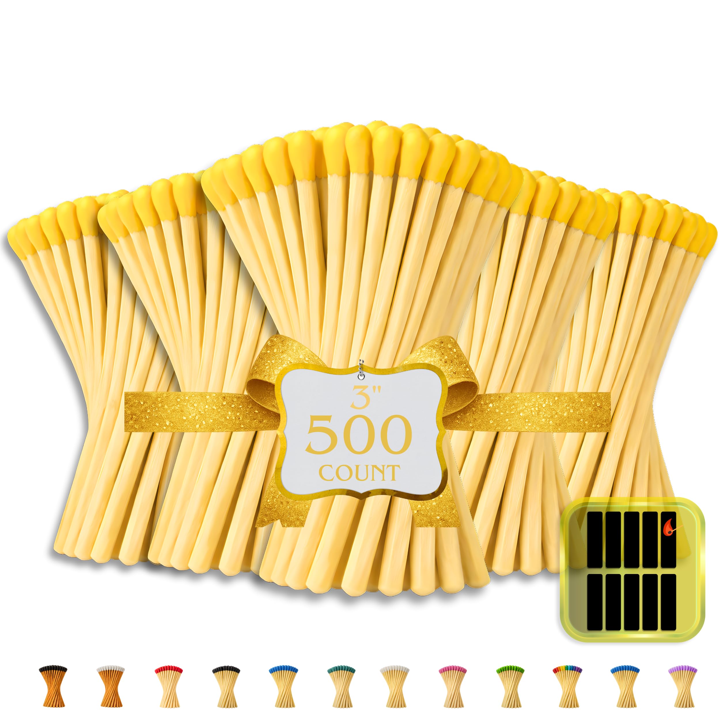 500 Count - 3" Long Yellow Color Matches | Three Inch Coloful Loose Wooden Safety Match Sticks for Candle Display | Refill Decorative Jar Holder Bottle | Striker Included