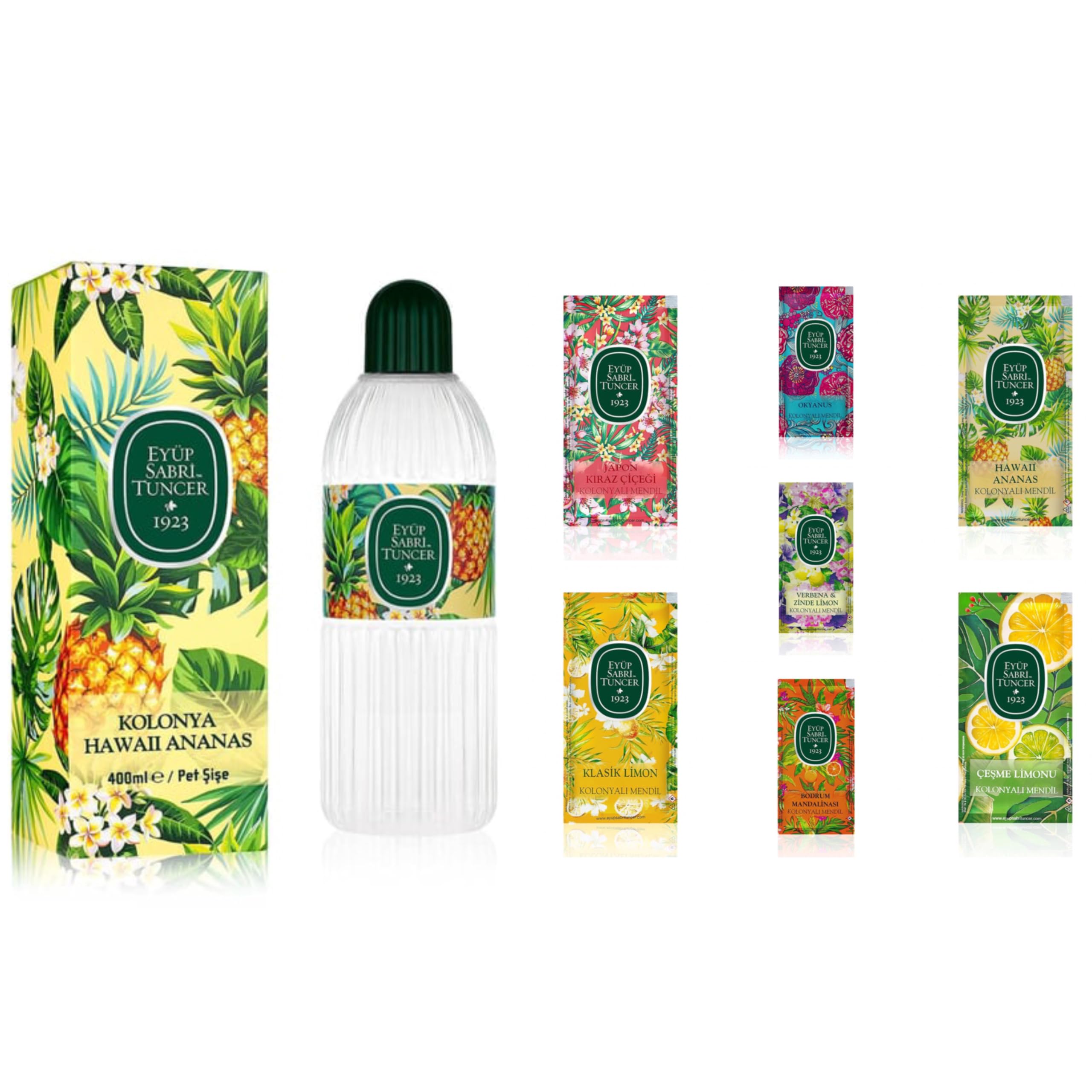 EYÜP SABRİ TUNCER Hawaiianische Ananas Eau de Cologne 400ml PET-Flasche + 100 Stück Erfrischungstücher – Perfekt für Män