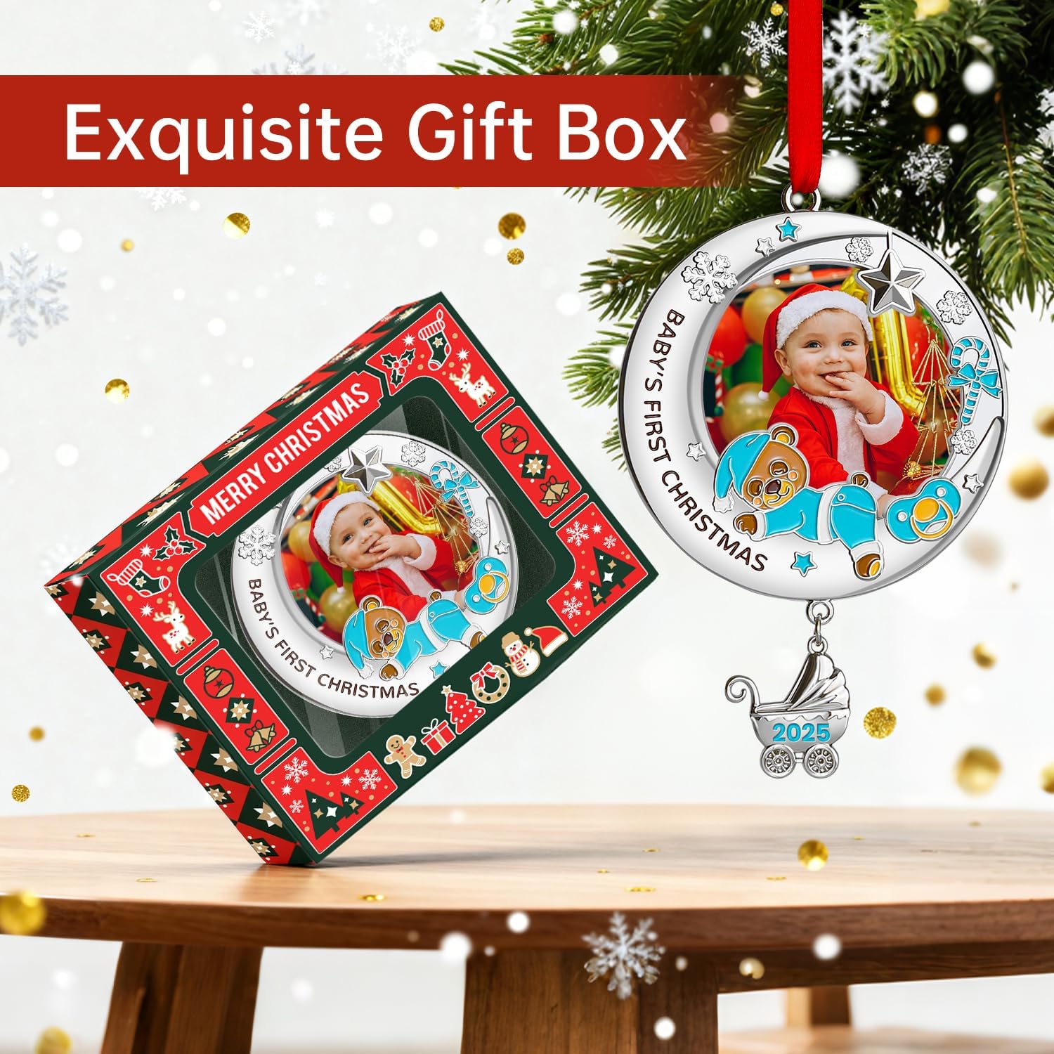 Babys First Christmas Ornament 2025 Boy - My Very First Christmas Picture Frame Ornament, Personalized Baby Gifts for Newborn, New Mom Dad, Grandson, My First Christmas Tree