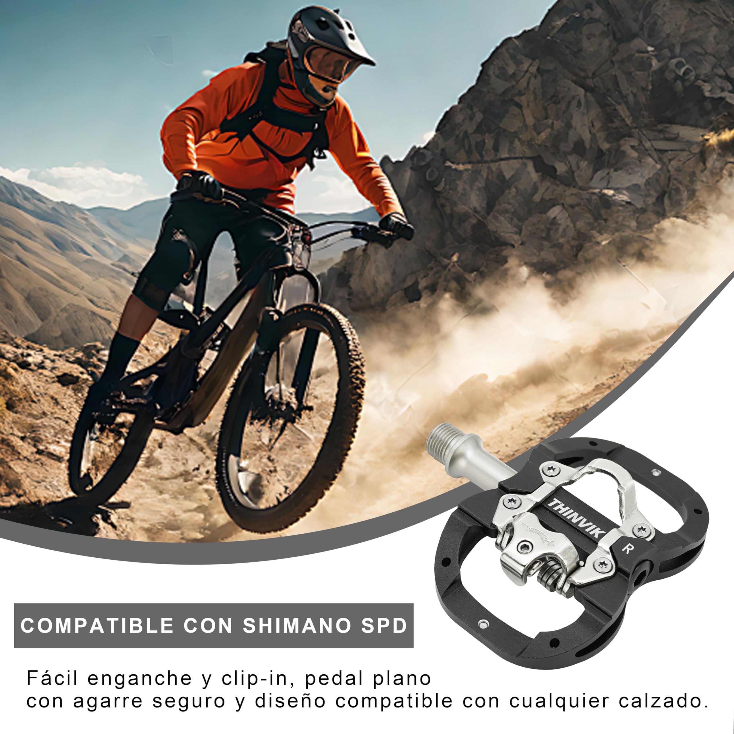 Thinvik Pedales de Bicicleta para Shimano SPD de Doble Función Plataforma y Automáticos para MTB con Calas Compatibles - Pedales de 9/16" Color Negro/Plata