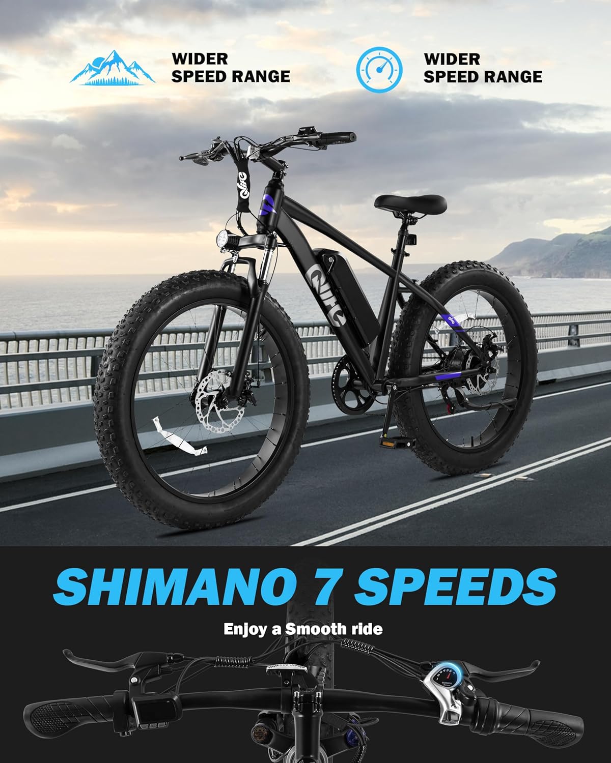 Qlife Racer Plus Adult Electric Bicycle, Peak 1200W/1500W, Up to 28MPH, 65Miles Long Range, 26" Fat Tire Electric Mountain Bike with 48V 13AH Battery, 7 Speed Full Suspension