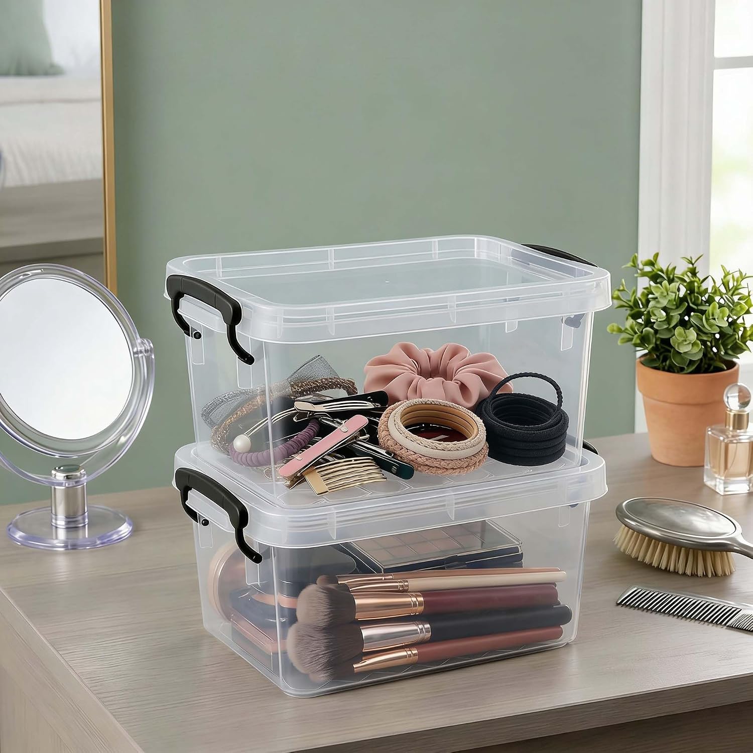 2 Qt Storage Bins with Lids, 2 Pack Small Storage Latch Bins for Organizing, Plastic Storage Container Stackable Box for Home & Office, BPA-Free, Clear White