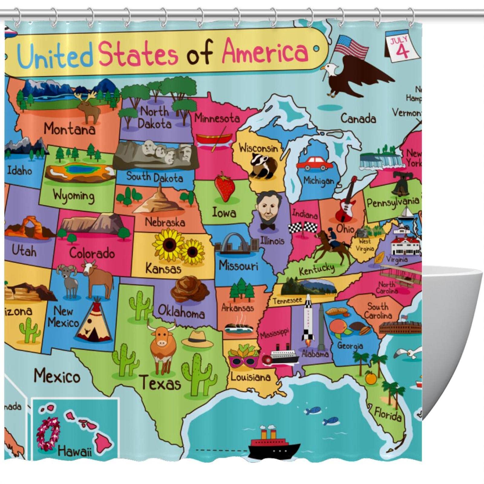 Rideau de douche carte États-Unis 183x183 imperméable grand format