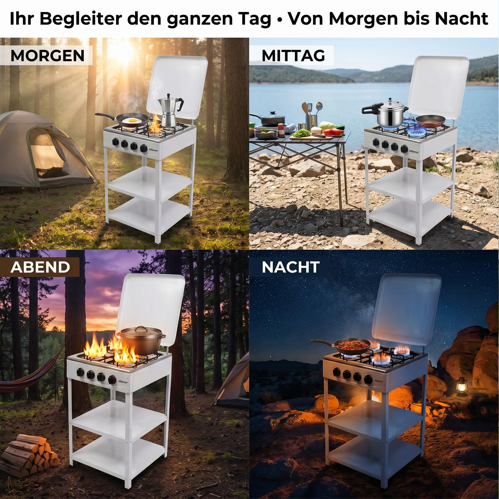 Freistehender Camping-Gasherd mit zwei oder vier Kochstellen und Ablage – ein freistehender Outdoor-Herd, geeignet für den Einsatz im Garten, auf dem Balkon und auf Campingplätzen (Schwarz)