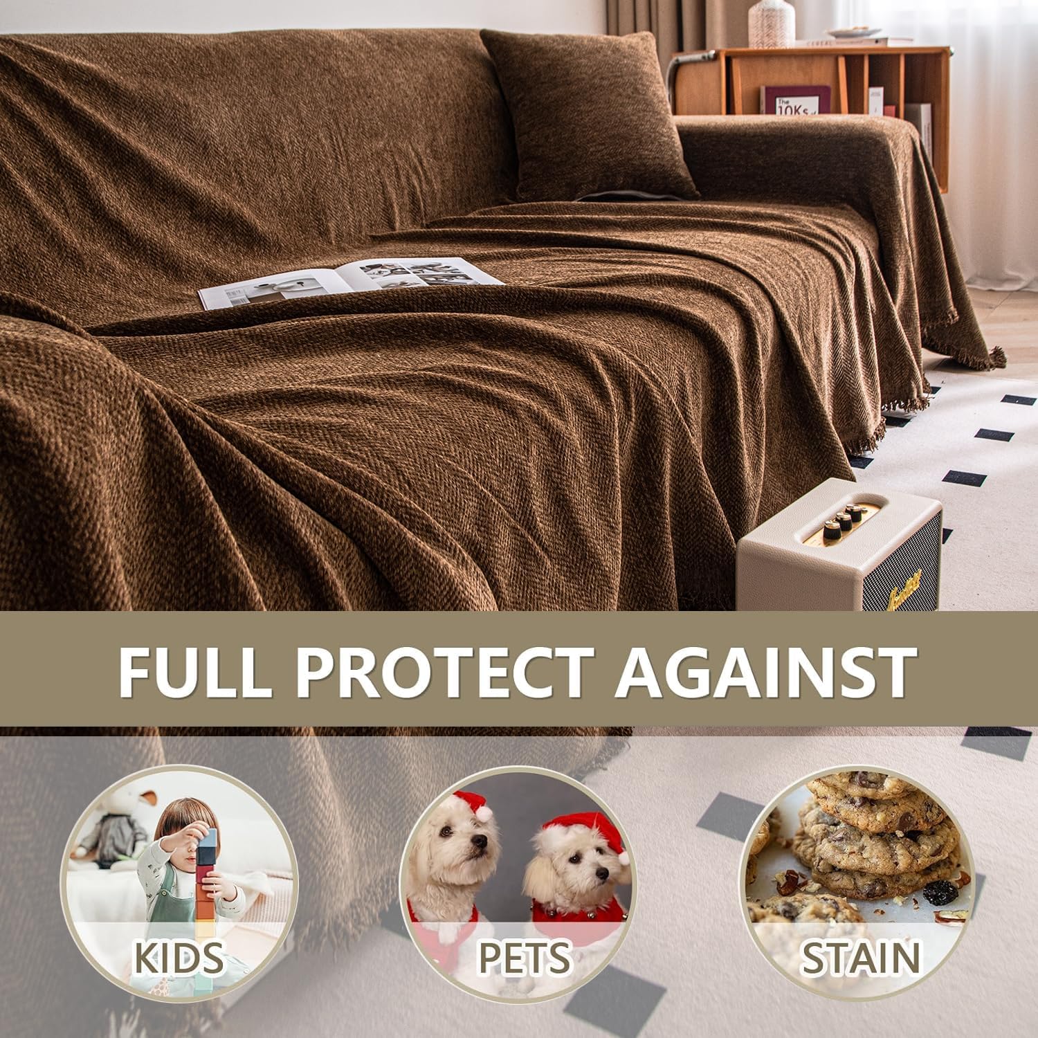 Large Waterproof Chocolate Brown Sofa Throw Blanket Soft Herringbone Chenille with Tassels 180x420 cm Perfect for 1 4 Seater Couch Settees & Chairs