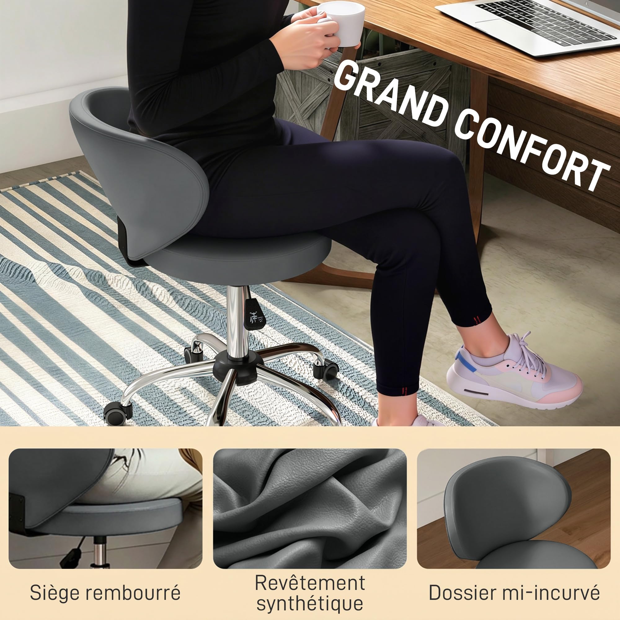 HOMCOM Tabouret à roulettes, Tabouret de Massage en PU avec Hauteur réglable 73-88cm et Dossier, Chaise de Travail pivotant 360°, Cadre en Acier, pour Salon de Massage, Tatouage, Clinique, Spa, Gris