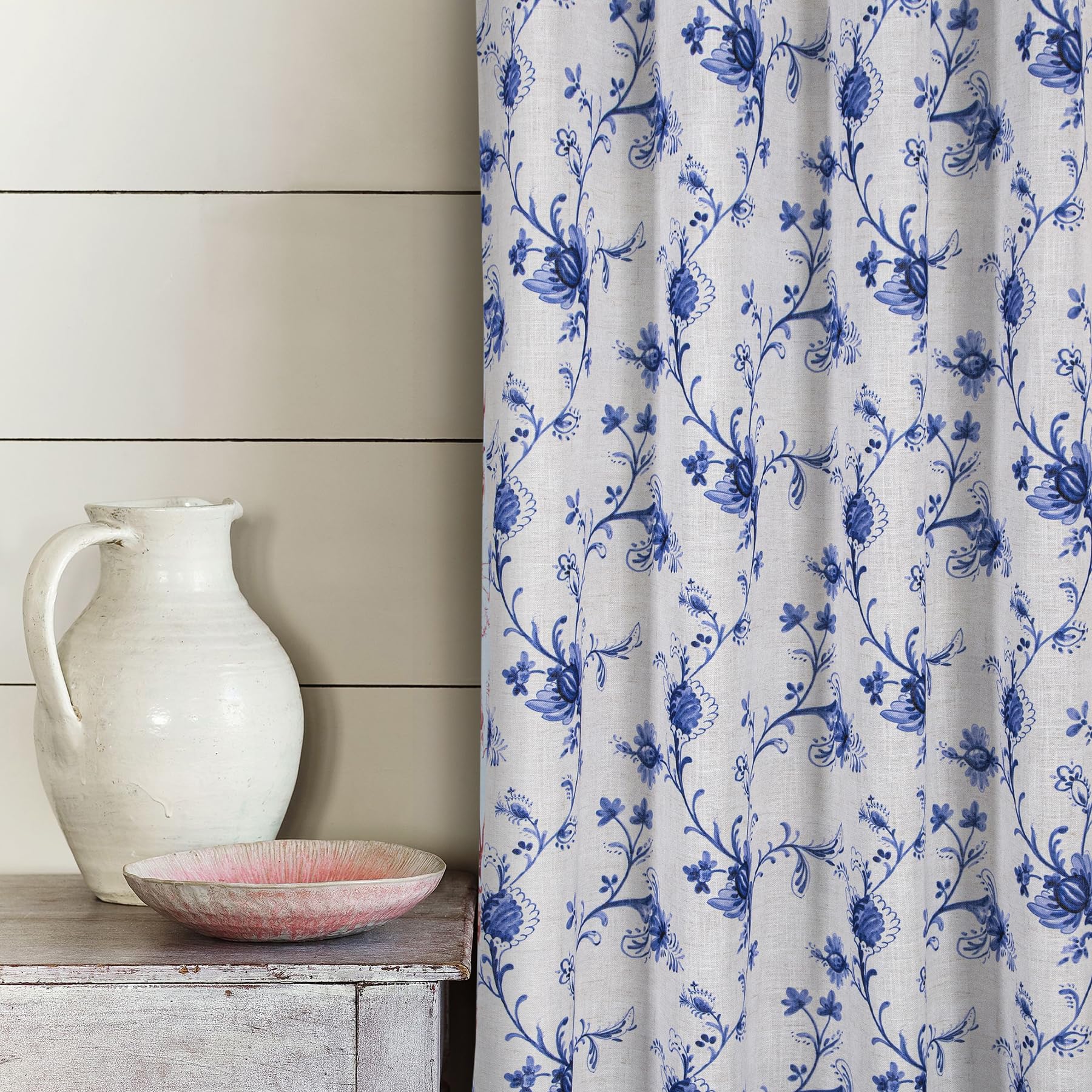 always4u Linen Look Curtains Semi-sheer Eyelet Printed Curtains Navy Blue Floral Window Treatments for Living Room Bedroom Decoration Modern Textured 1 Pair W46 x L54 Inches - Image 3