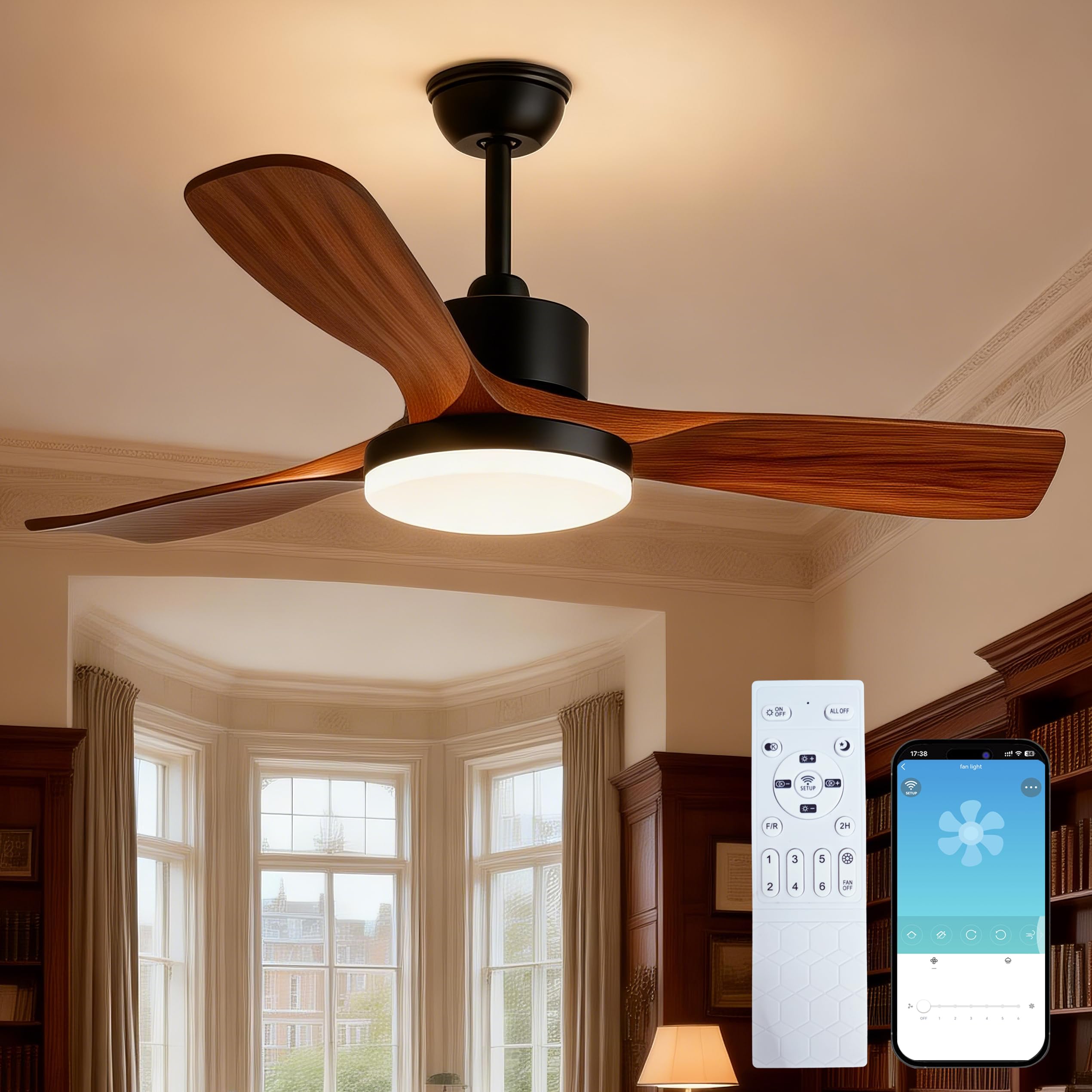 52inch Ceiling Fans with Lights and Remote, Smart Ceiling Fan APP Control, 3600LM Dimmable 3CCT, 6 Speeds Reversible, 1-8H Timer, 2 Downrods, Modern Fan Light Ceiling for Bedroom Living Room Black