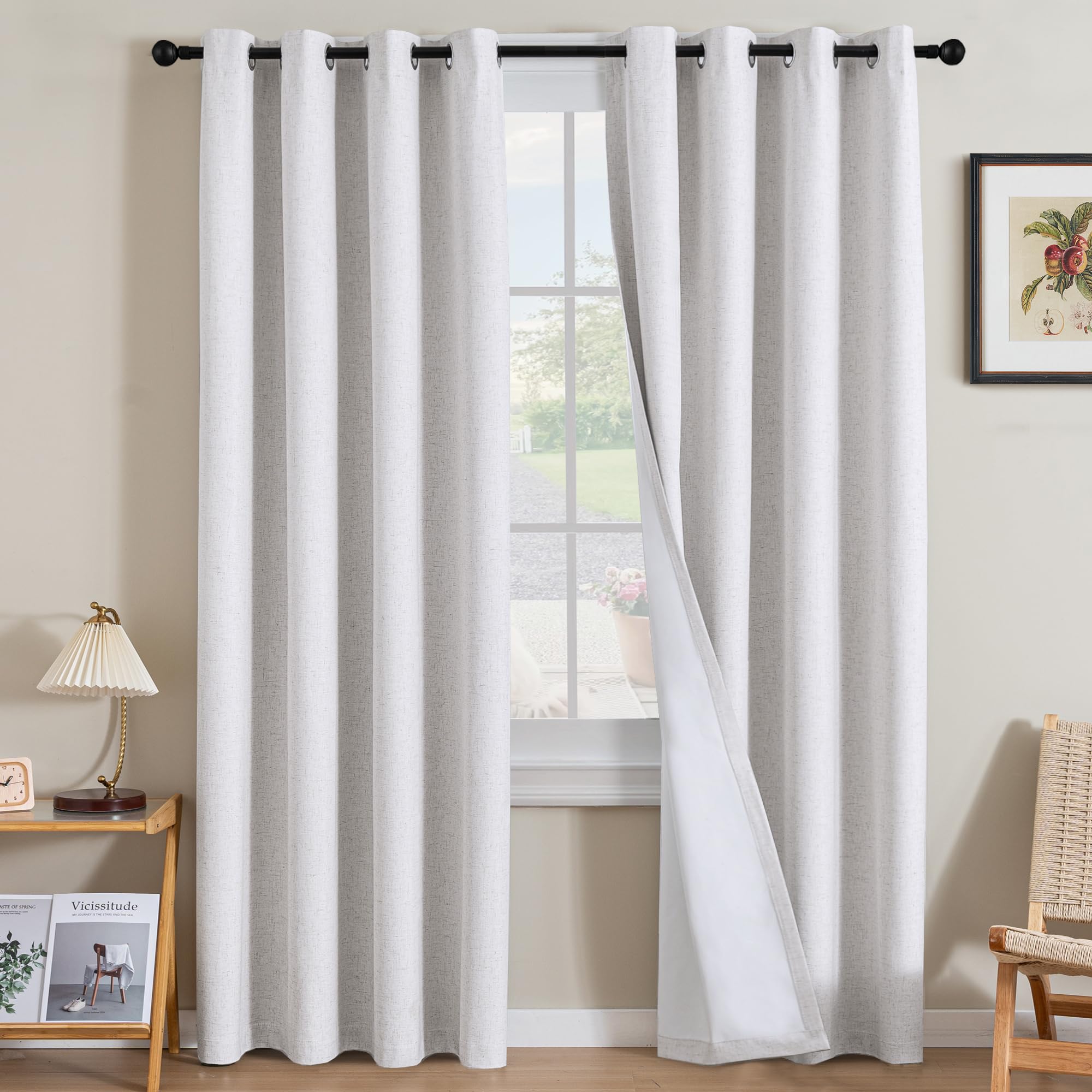 H.VERSAILTEX Linen Curtains 100% Blackout Curtains for Bedroom 96 inch Long Full Light Blocking Nature Linen Blended Window Curtains for Living Room