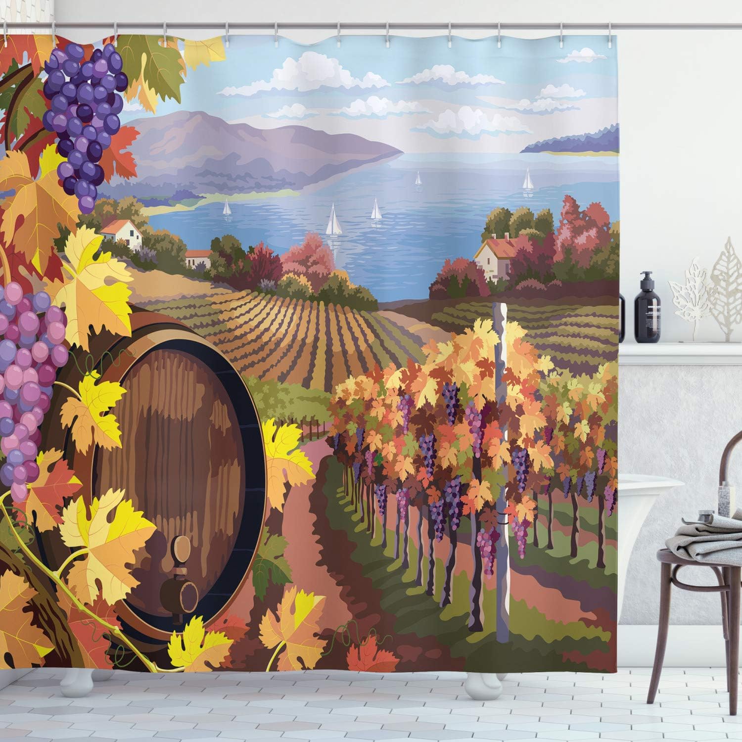 Ambesonne Winery Shower Curtain, Countryside Landscape Vineyard Agriculture Winemaking Season Grapes in Farm Print, Cloth Fabric Bathroom Decor Set with Hooks, 69" W x 75" L, Blue Yellow