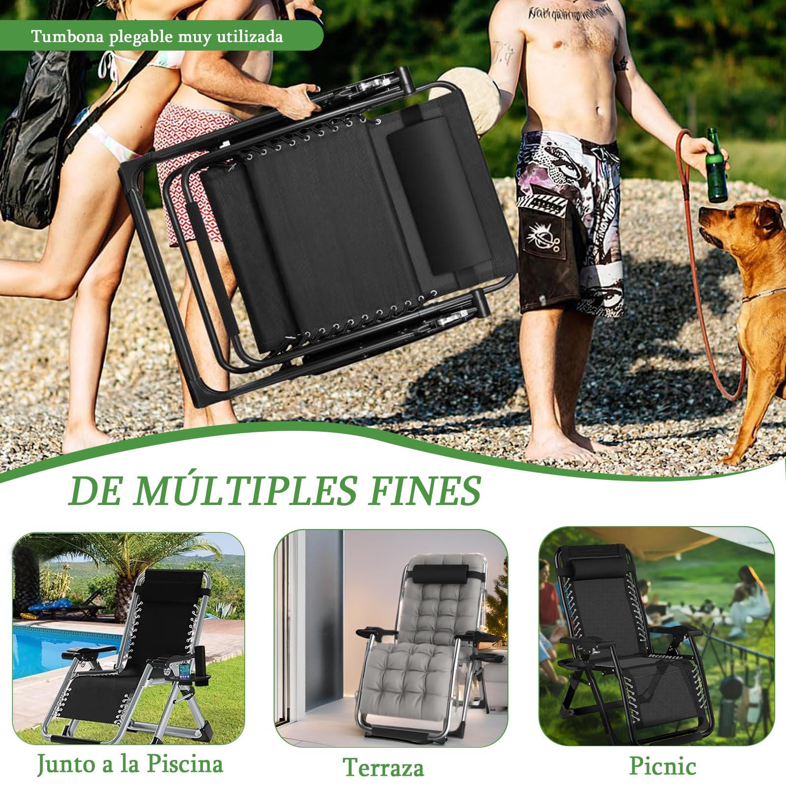 Silla Tumbona Plegable Negro Gravedad Cero 72 cm Ancha Tumbonas Jardin Exterior con Almohada Cervical Desmontable, Cojín y Funda Tumbona, Ideal para Terraza, Jardín, Playa