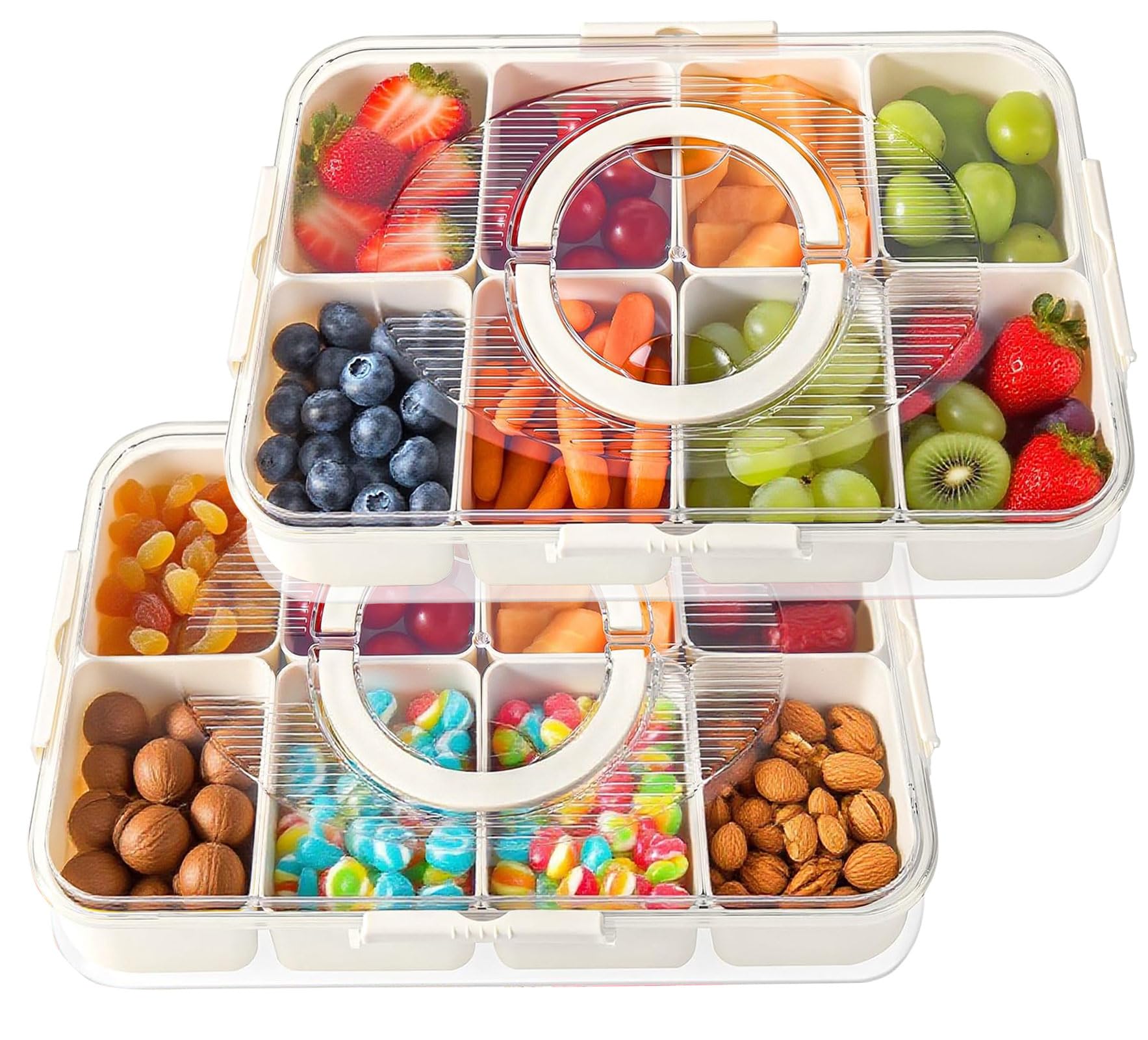 Tempfoo White Snack Box With Compartments Storage Set 2, Food Tray With Lid And 8 Removable Compartment Boxs, Portable Reusable Snackle Containers Clear Organizer For Veggie Candy Fruit Nut