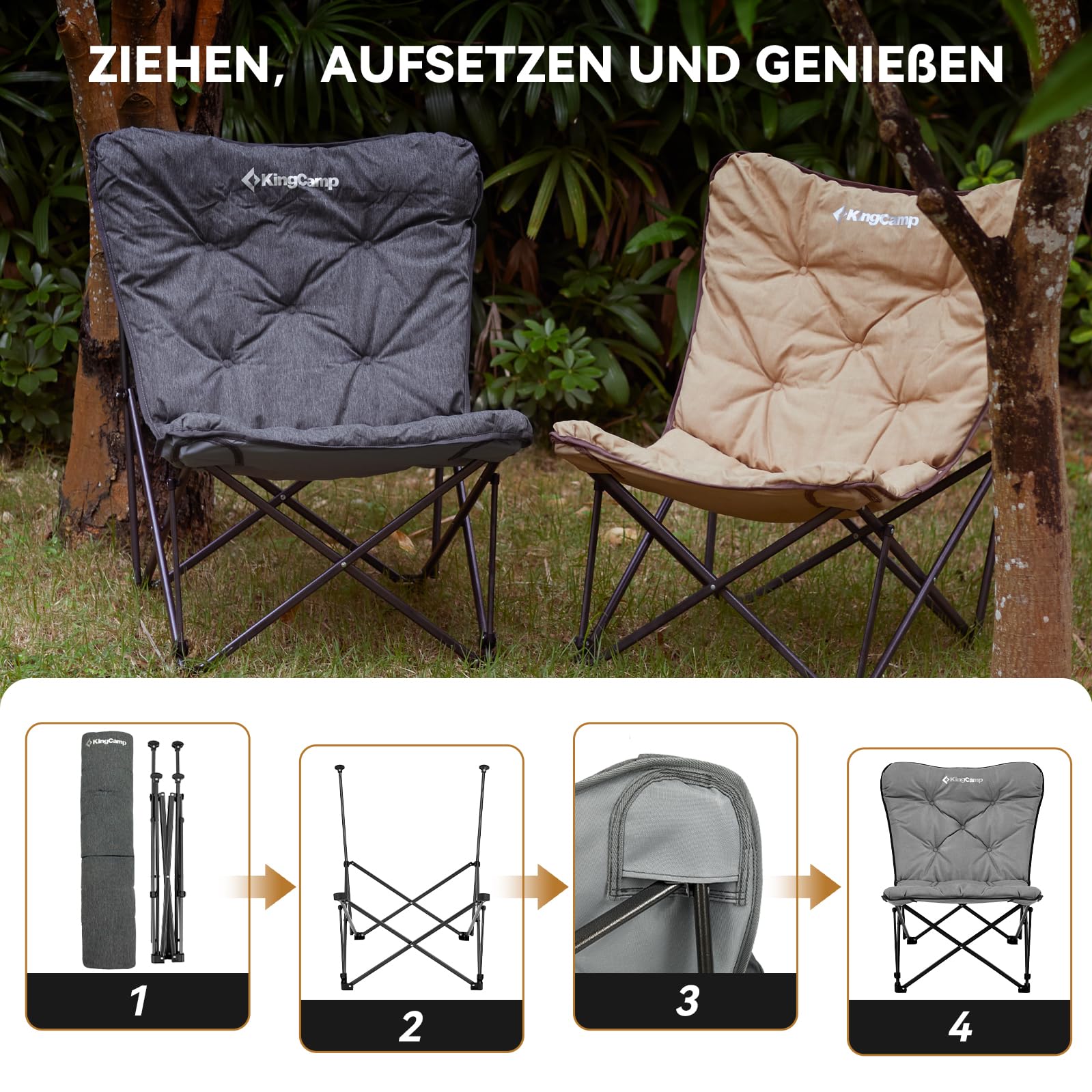 KingCamp Campingstuhl faltbar leicht Camping Stuhl hochlehner Gartenstuhl Größer Campingstuhl Gepolster, Campingstuhl XXL mit Tasche Relaxsessel für Camp Garten Balkon Strand Outdoor Campingstuhl