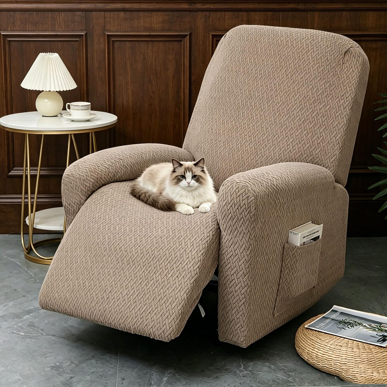 AHSBND Recliner Chair Cover Waterproof: 4pcs Stretch Armchair Covers Anti Slip with Pocket Furniture Protector Sofa Slipcover for Kids Pets Living Room (grayish brown)