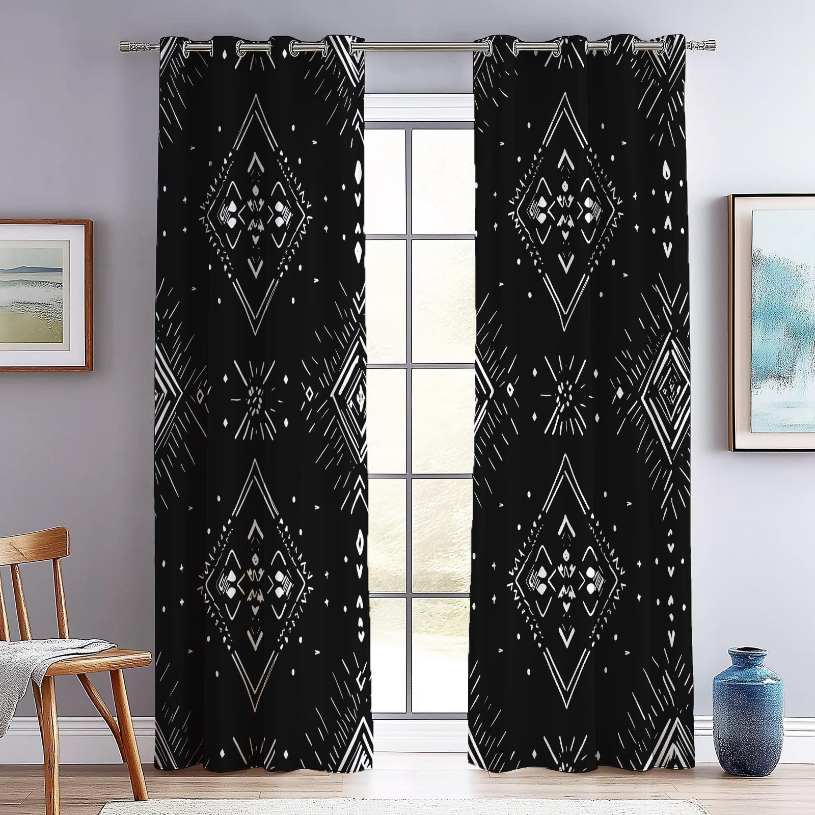 Géométrie Tribale Minimaliste Rideaux Longs 140L X 260H cm (2 Panneaux), Tissu Occultant Thermique pour Baie Vitrée, Noir