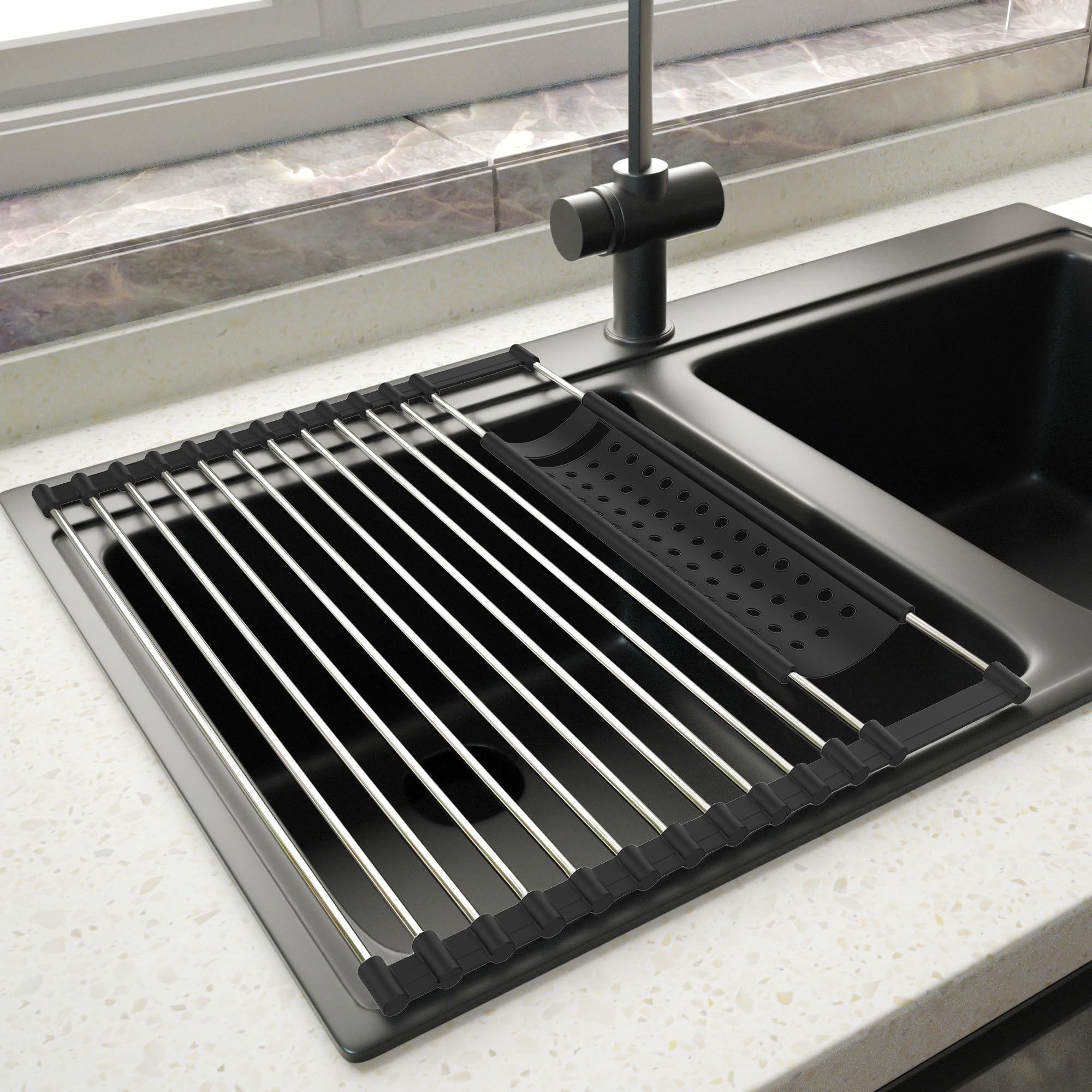 GOOPOOL Escurreplatos Acero Inoxidable sobre Fregadero Secador de Rollos de Acero Inoxidable Plegable y Extraíble Cesta de Malla de Drenaje Red 43CM*32.5CM Negro