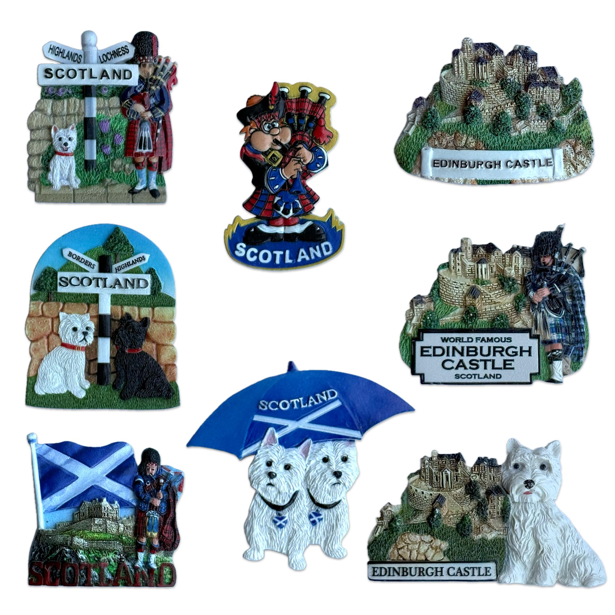 Lilaj Multicolor Scottish Resin Fridge Magnets - Edinburgh Castle, Saltire Flag, Thistle, Nessie, Bagpipes Scottie & Westie Dog – Scotland Souvenir Gift Set - 6