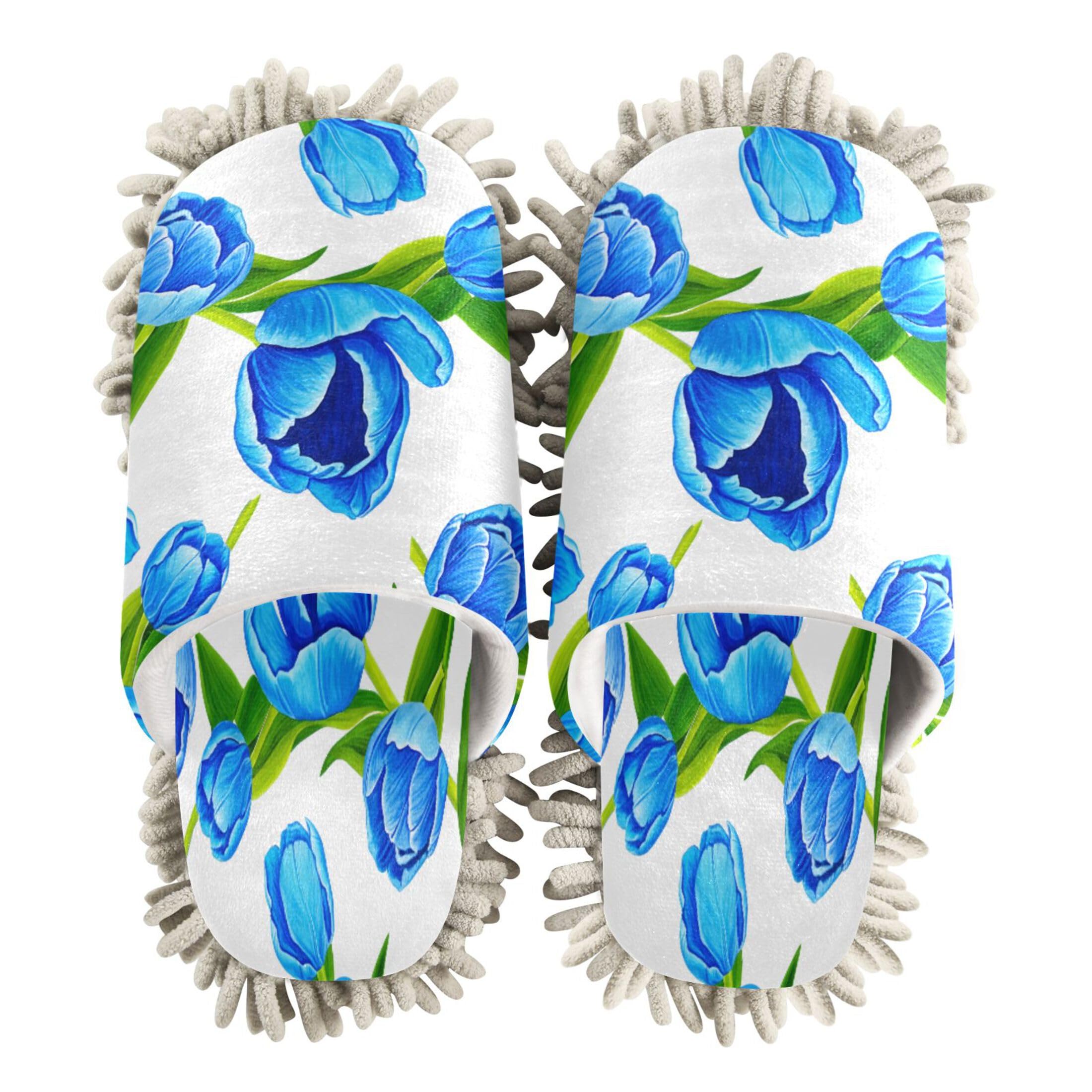 Kigai Blue Tulips Mop Slippers for Floor Cleaning, Slippers for Women Men, Microfiber Floor Cleaning, L