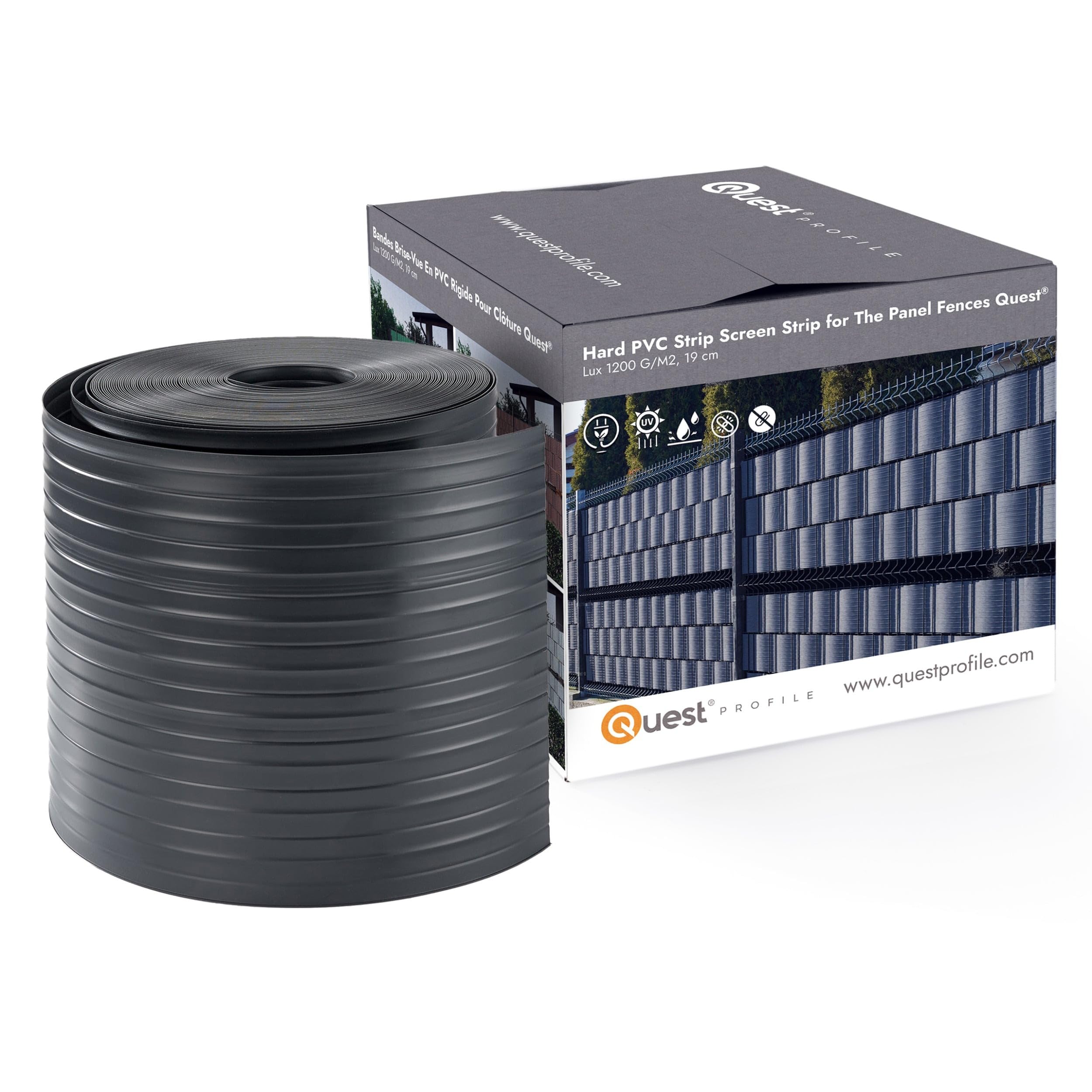 Quest 10x Bande Brise-Vue 19 cm en PVC avec 20 Clips- Graphite, 2,52 m