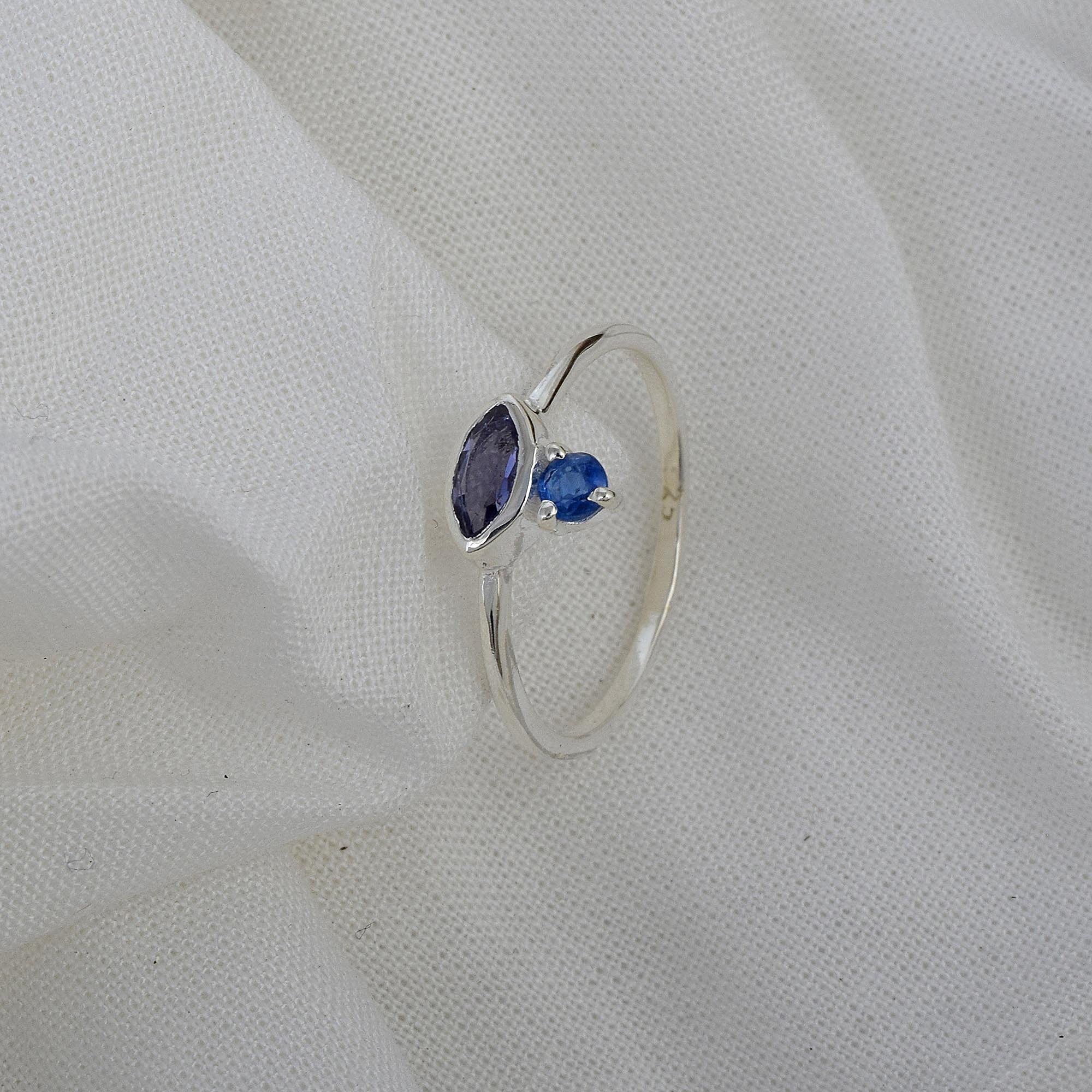 Anello da donna in argento Sterling 925 con zaffiro blu, anello con pietra portafortuna di settembre, anello in argento minimale marquise e rotondo, gioielli fatti a mano