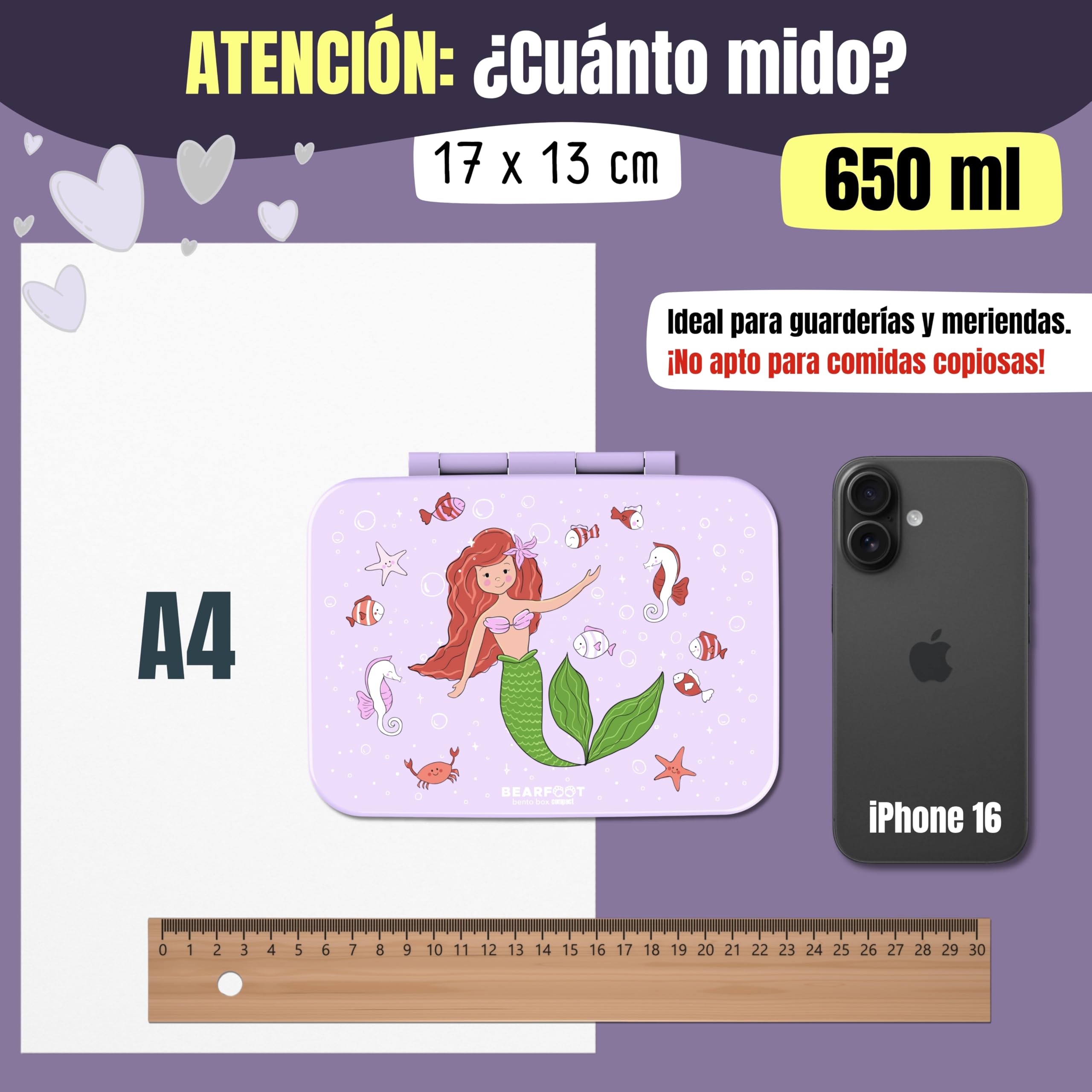 BEARFOOT – Fiambrera Infantil Compacta, Bento Box para Niños sin BPA, Lonchera con Compartimentos para Colegio y Guardería, Ligera y Hermética (Sirena Morado, 650 ml)