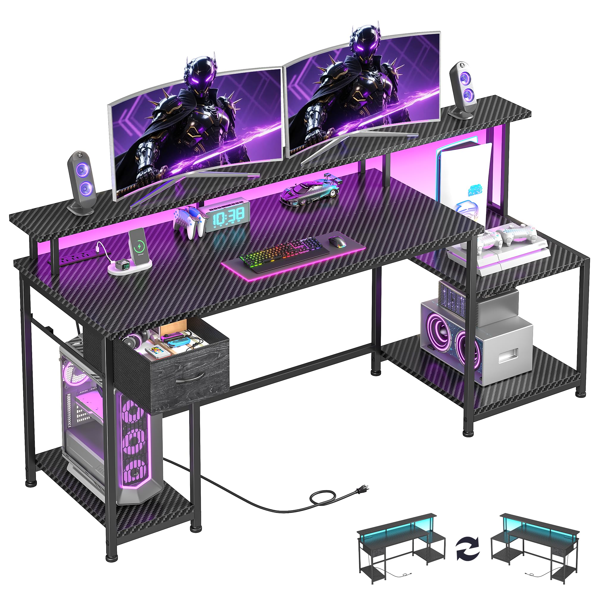 DurayLoly 55" Inch Gaming Desk,Computer Desk with LED & Power Outlet,Office Desk with Printer Storage Shelves & Storage Drawer,Study Table with
