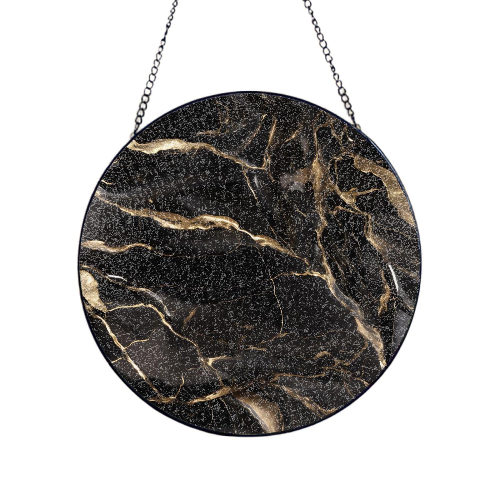 Phayah Black Gold Marble Print Glass Window Hanging Round Suncatcher Glass Ornament Garden Wall Fence Decorations Indoor Outdoor 6in（15cm）