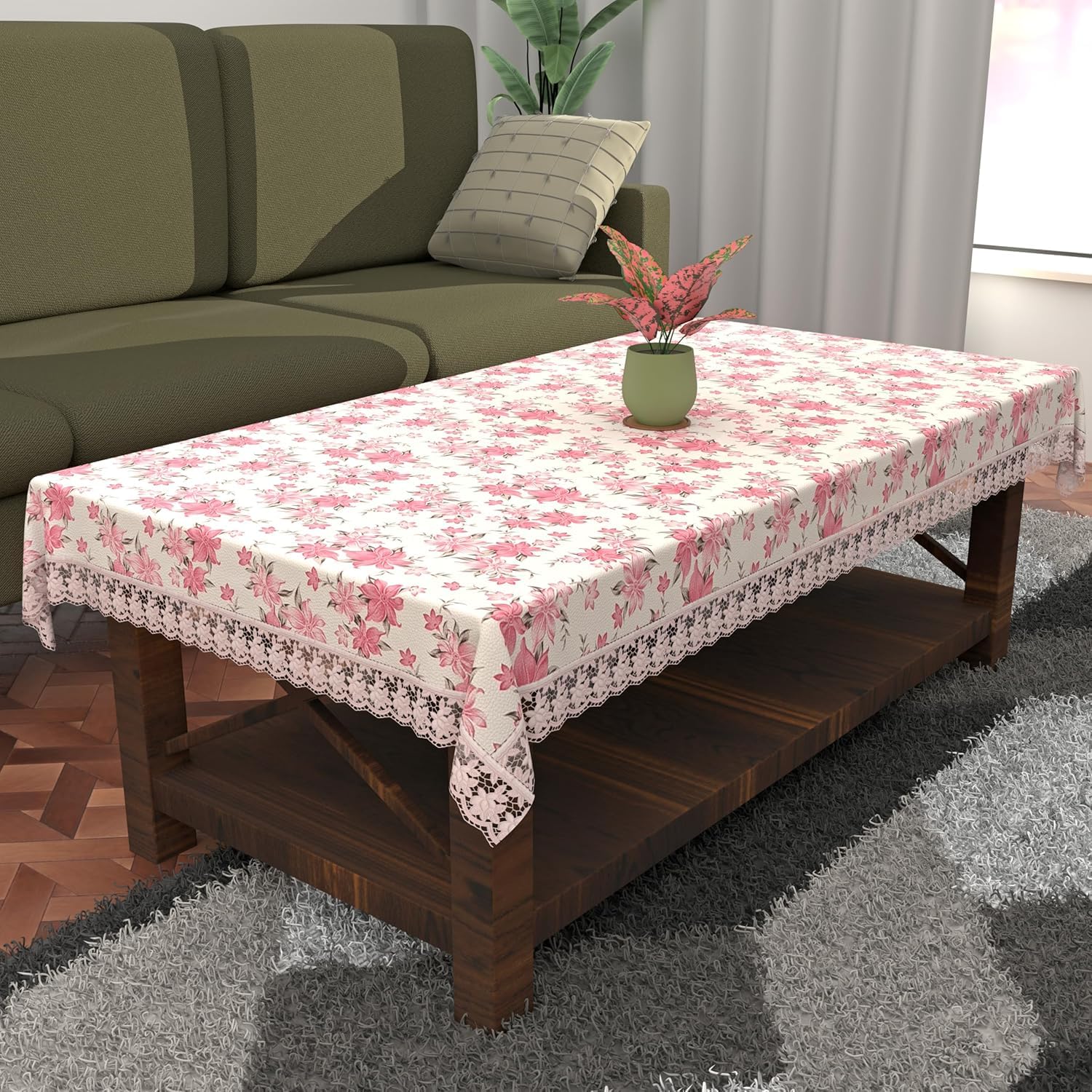 Kuber Industries Floral Print Exclusive Table Cloth|PVC 4 Seater Rectangular Center Table Cover|Table Sheet for Dining, Party, Events|Waterproof Protector|Indoor and Outdoor Use 60X40 (Cream & Pink)