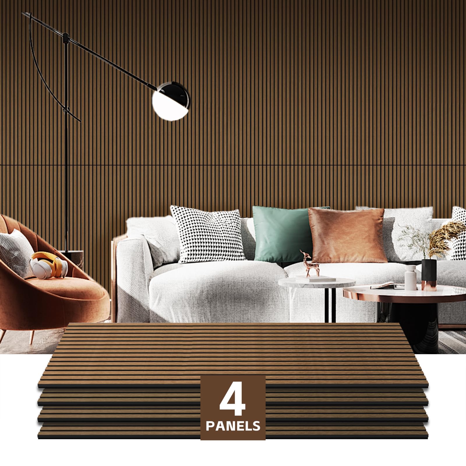 4 Pack Wood Panels for Wall, 47.2"×23.6" Wood Slat Acoustic Panels for Wall, Soundproof Panels, 3D Fluted Panels for Interior Wall Decor (Walnut)