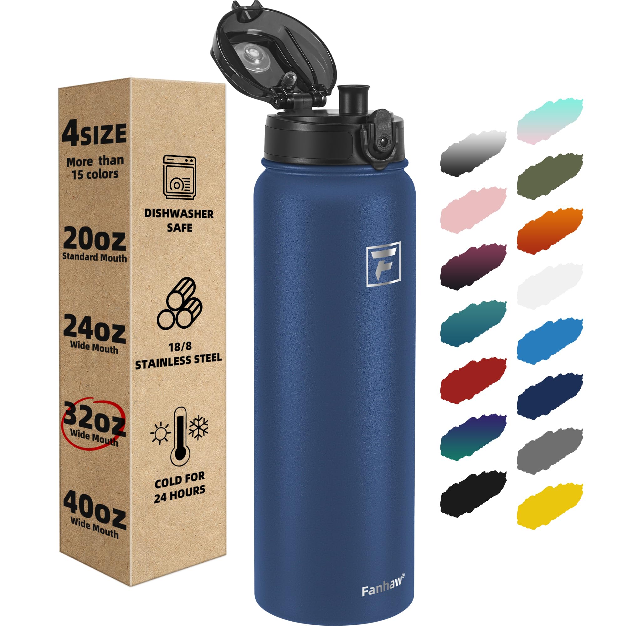 Fanhaw Insulated Water Bottle with Chug Lid - 32 Oz Double-Wall Vacuum Stainless Steel Reusable Leak & Sweat Proof Sports Water Bottle Dishwasher Safe with Anti-Dust Wide Mouth Lid (Navy Blue)